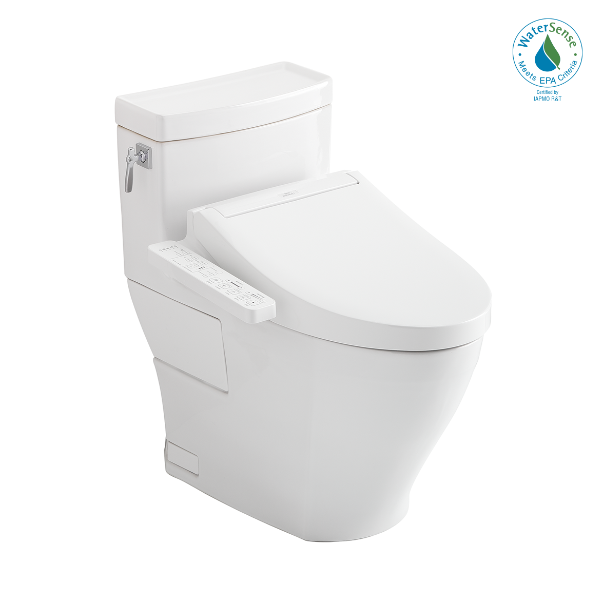 White one-piece elongated toilet with integrated bidet seat and control panel on the side.