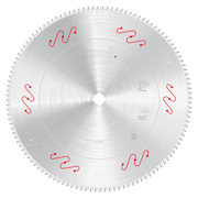 Freud 16-inch aluminum and non-ferrous cutting blade with silver coating and red wavy tooth markings around the edge.