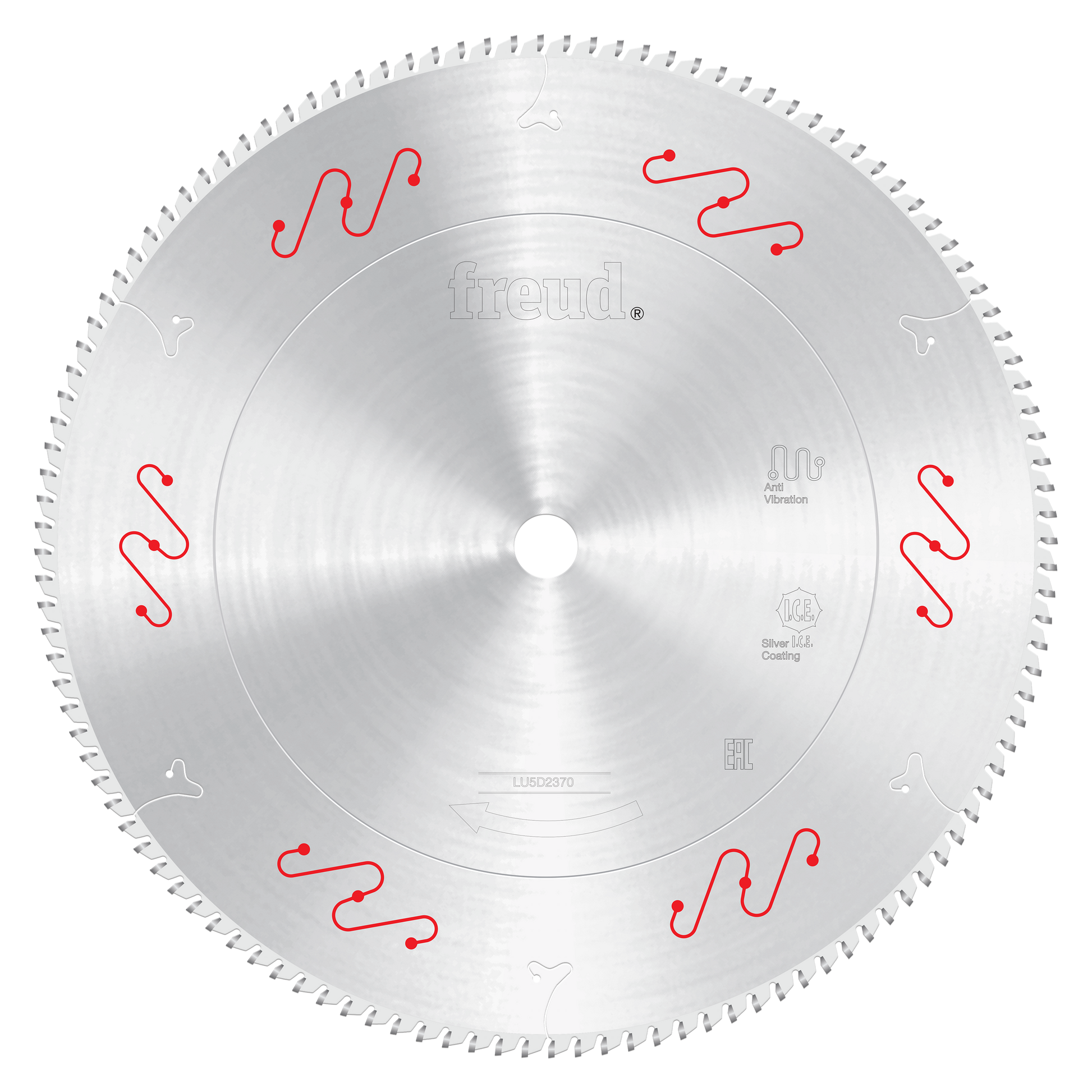 Freud 16-inch aluminum and non-ferrous cutting blade with silver coating and red wavy tooth markings around the edge.