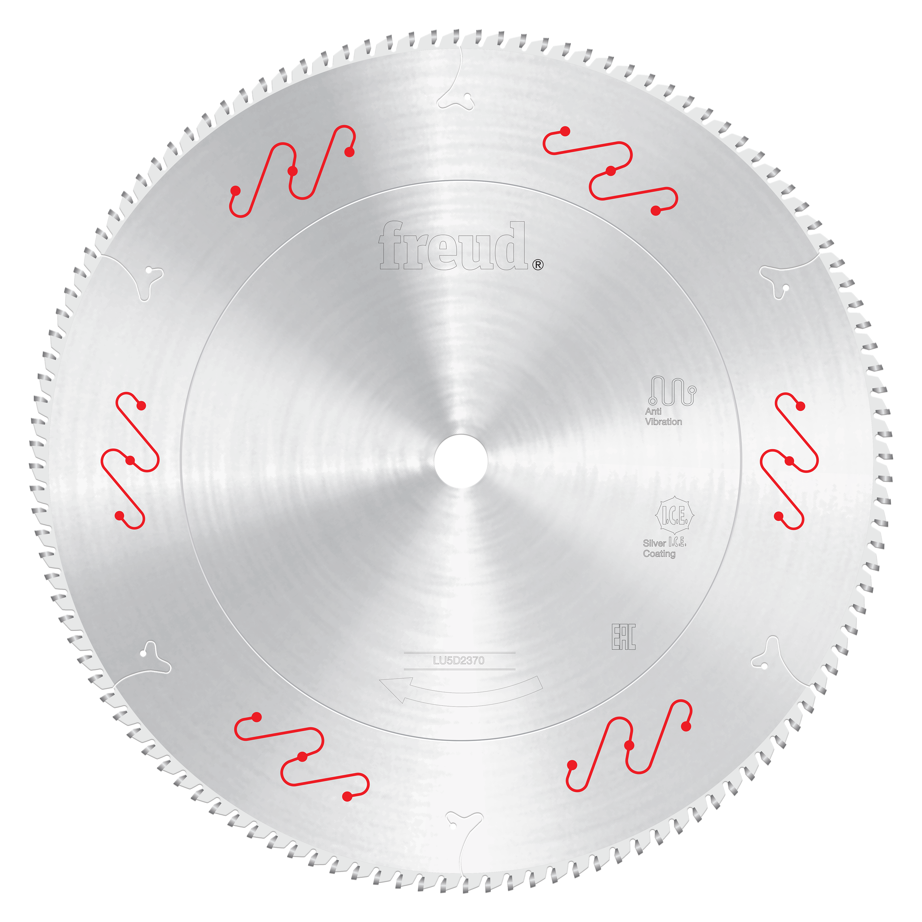 Freud 16-inch aluminum and non-ferrous cutting blade with silver coating and red wavy tooth markings around the edge.