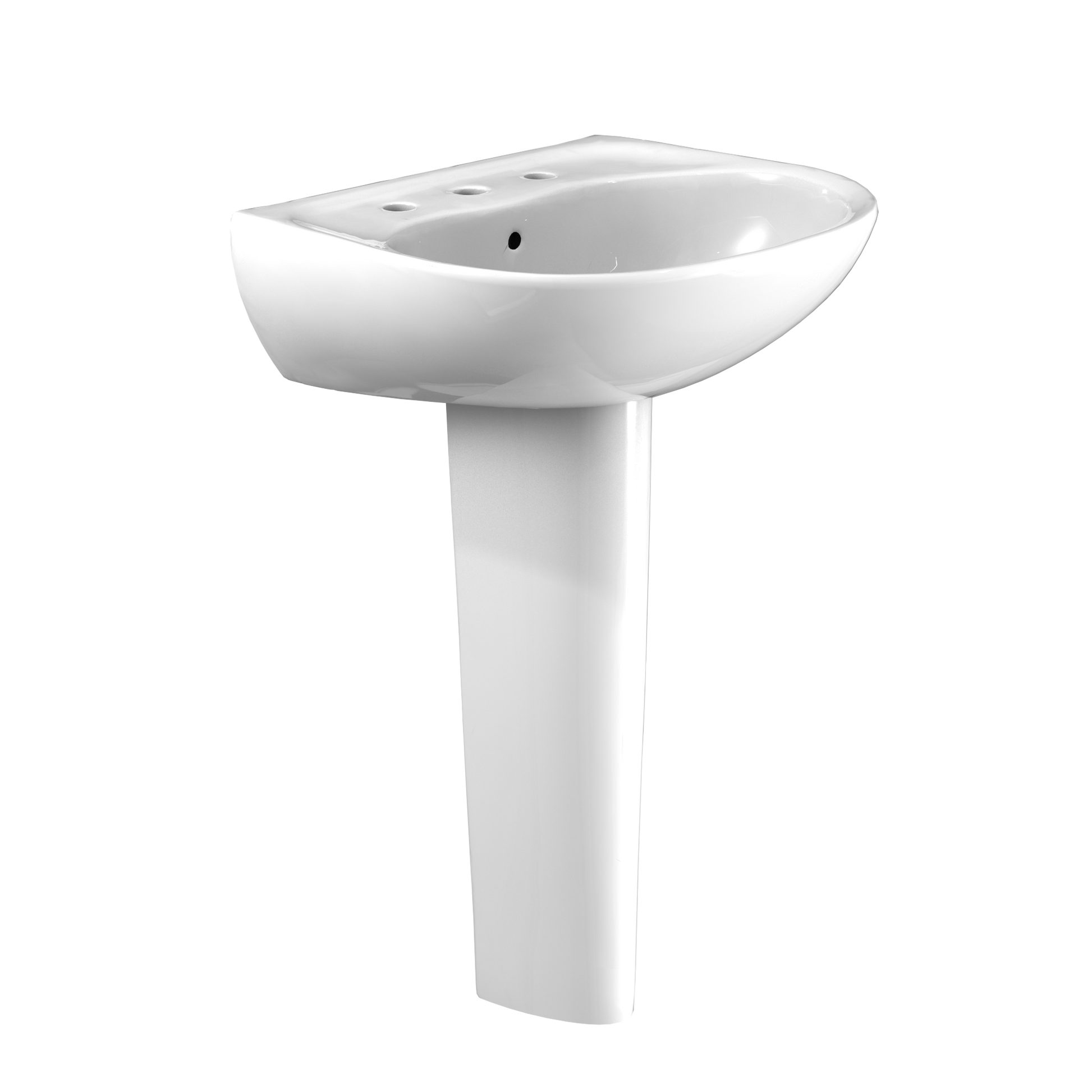 White oval pedestal sink with three faucet holes and cylindrical pedestal base.