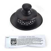 Oil rubbed bronze tub drain stopper with integrated grid strainer and push-pull mechanism.
