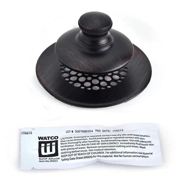 Oil rubbed bronze tub drain stopper with integrated grid strainer and push-pull mechanism.