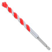 Red and gray carbide-tipped hammer drill bit with twisted flutes and hexagonal shank.