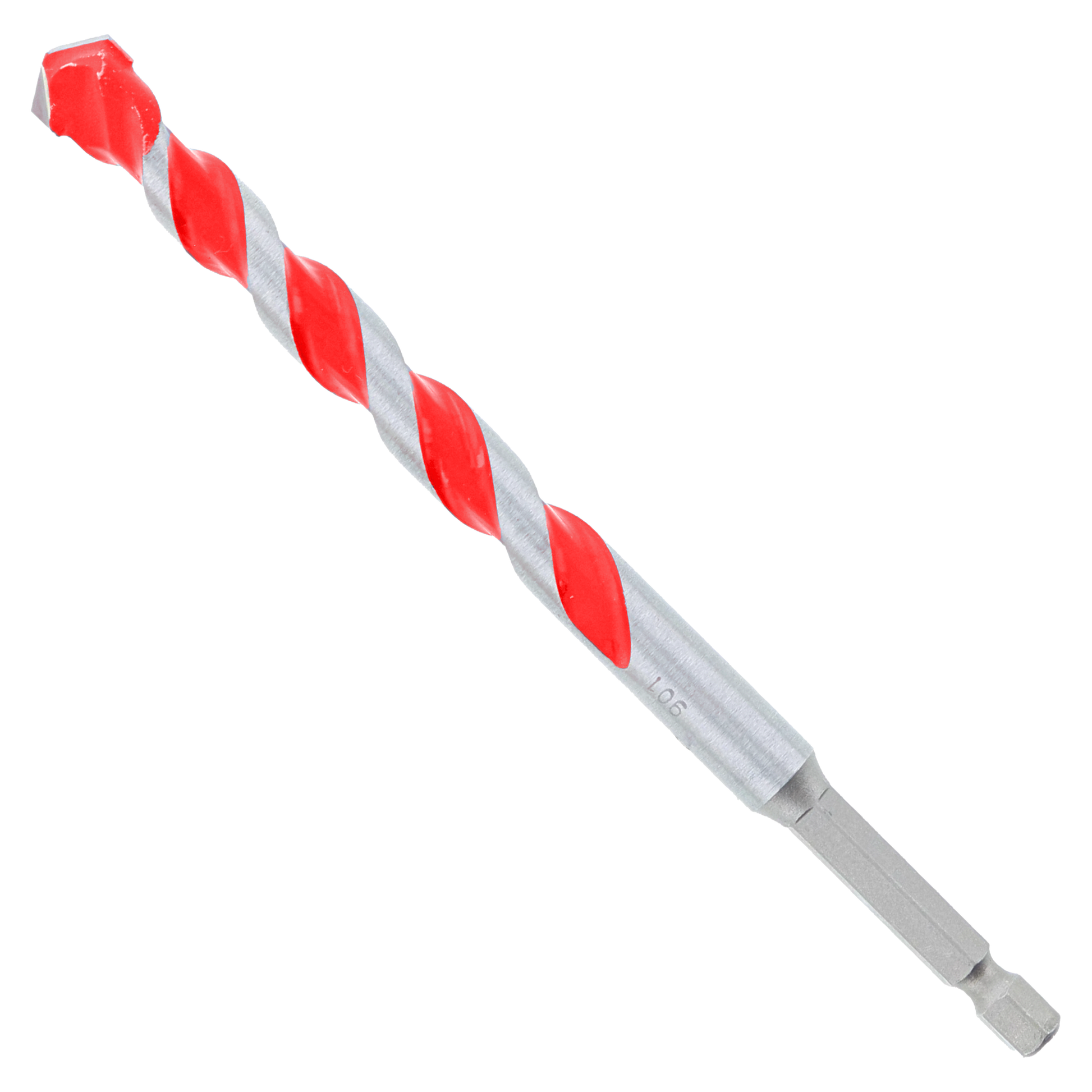 Red and gray carbide-tipped hammer drill bit with twisted flutes and hexagonal shank.