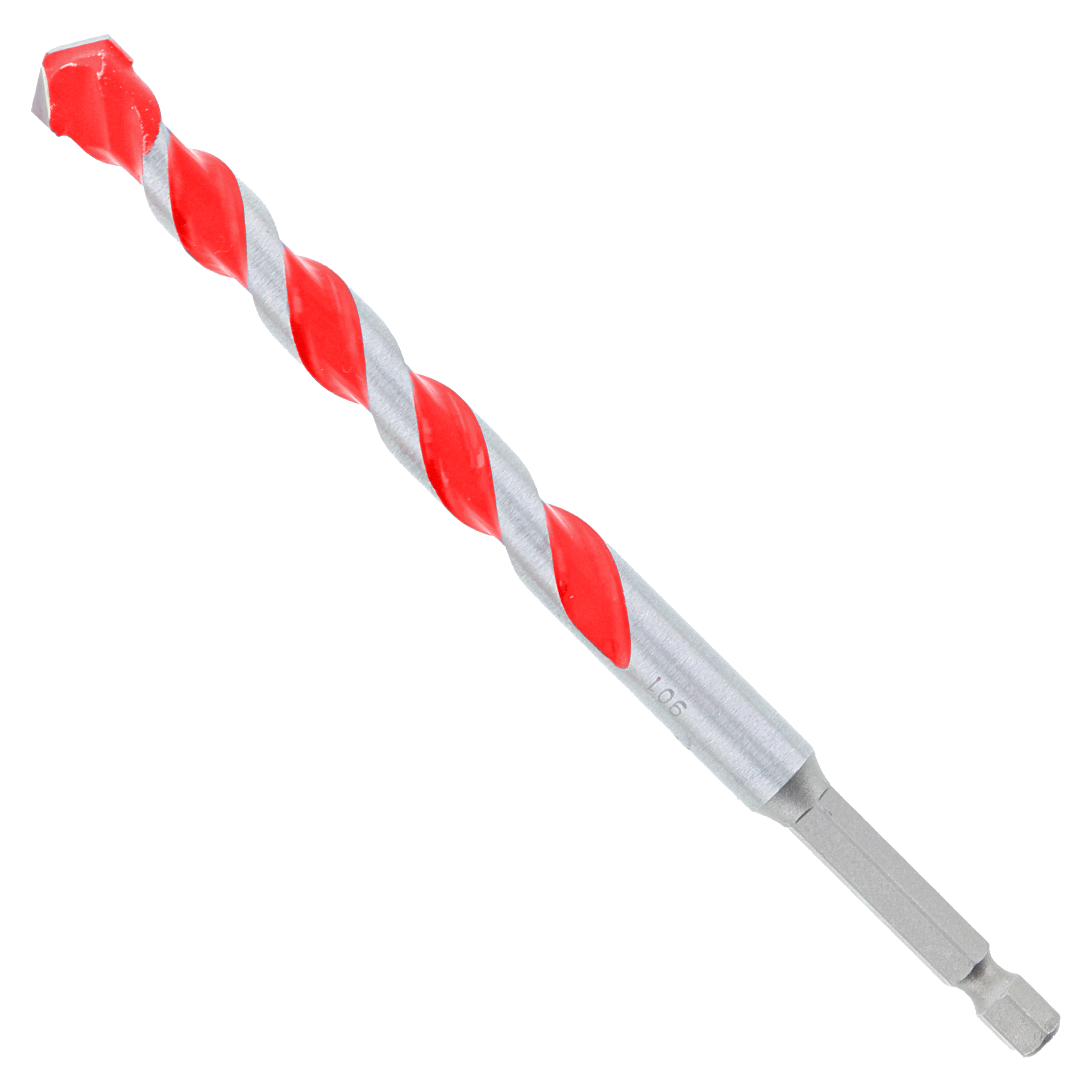 Red and gray carbide-tipped hammer drill bit with twisted flutes and hexagonal shank.