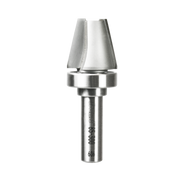 Carbide router bit with conical cutting head and cylindrical shank for woodworking trimming and bowl shaping.