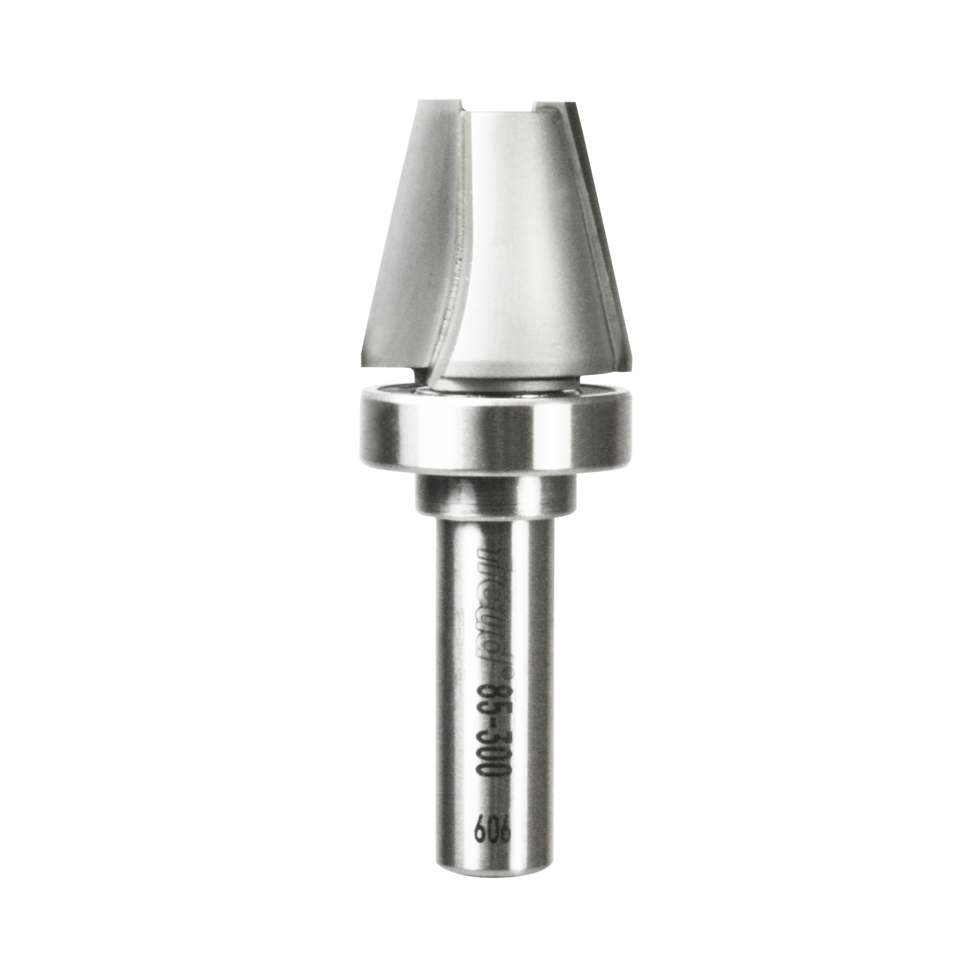 Carbide router bit with conical cutting head and cylindrical shank for woodworking trimming and bowl shaping.