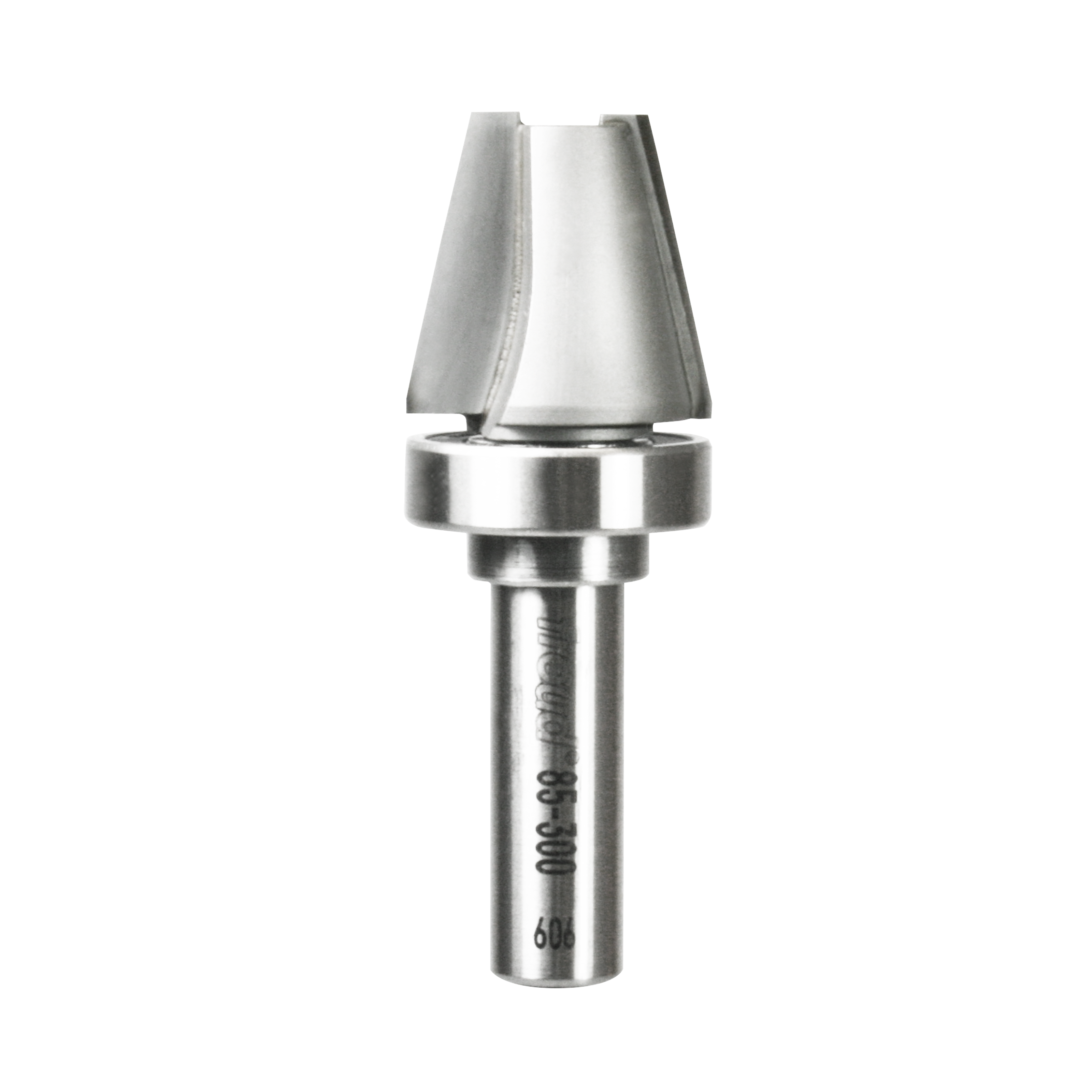 Carbide router bit with conical cutting head and cylindrical shank for woodworking trimming and bowl shaping.
