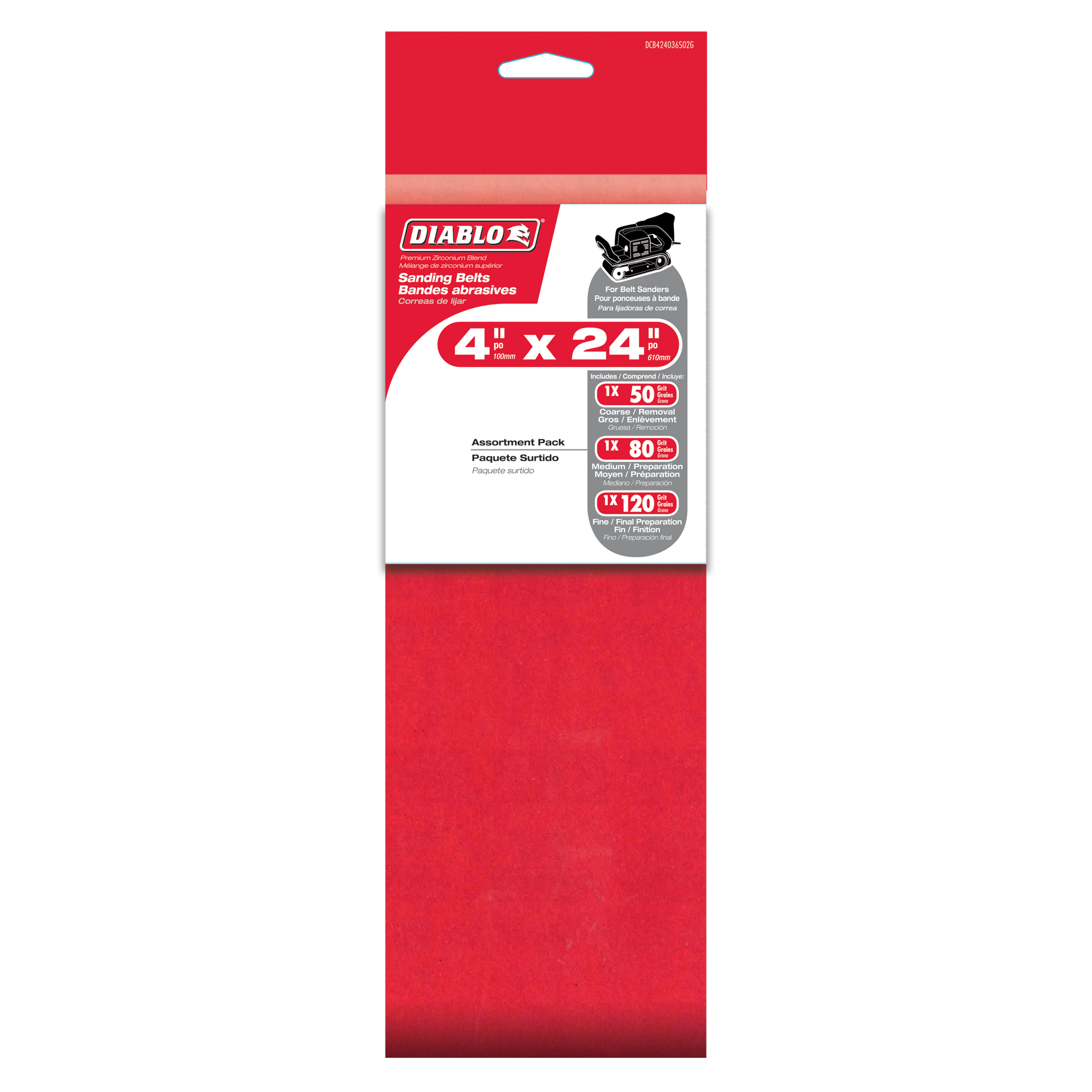 Three red sanding belts in various grits (50, 80, 120) packaged in Diablo branded red box.