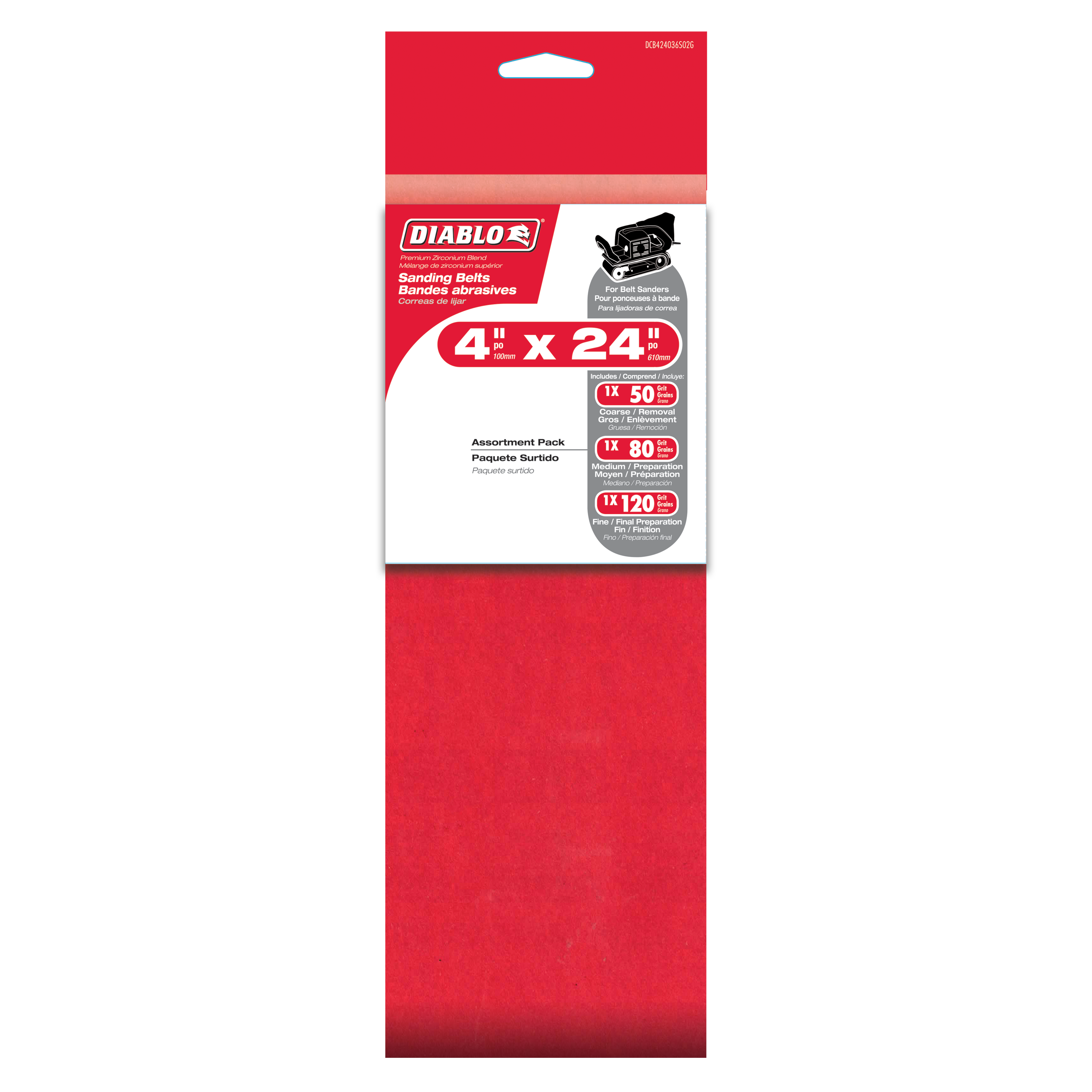 Three red sanding belts in various grits (50, 80, 120) packaged in Diablo branded red box.