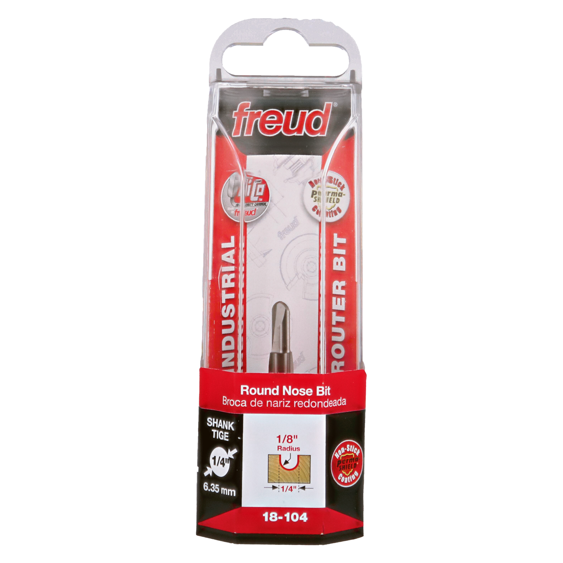 Freud 18-104 round nose router bit with 1/8" radius and 1/4" shank in retail packaging.