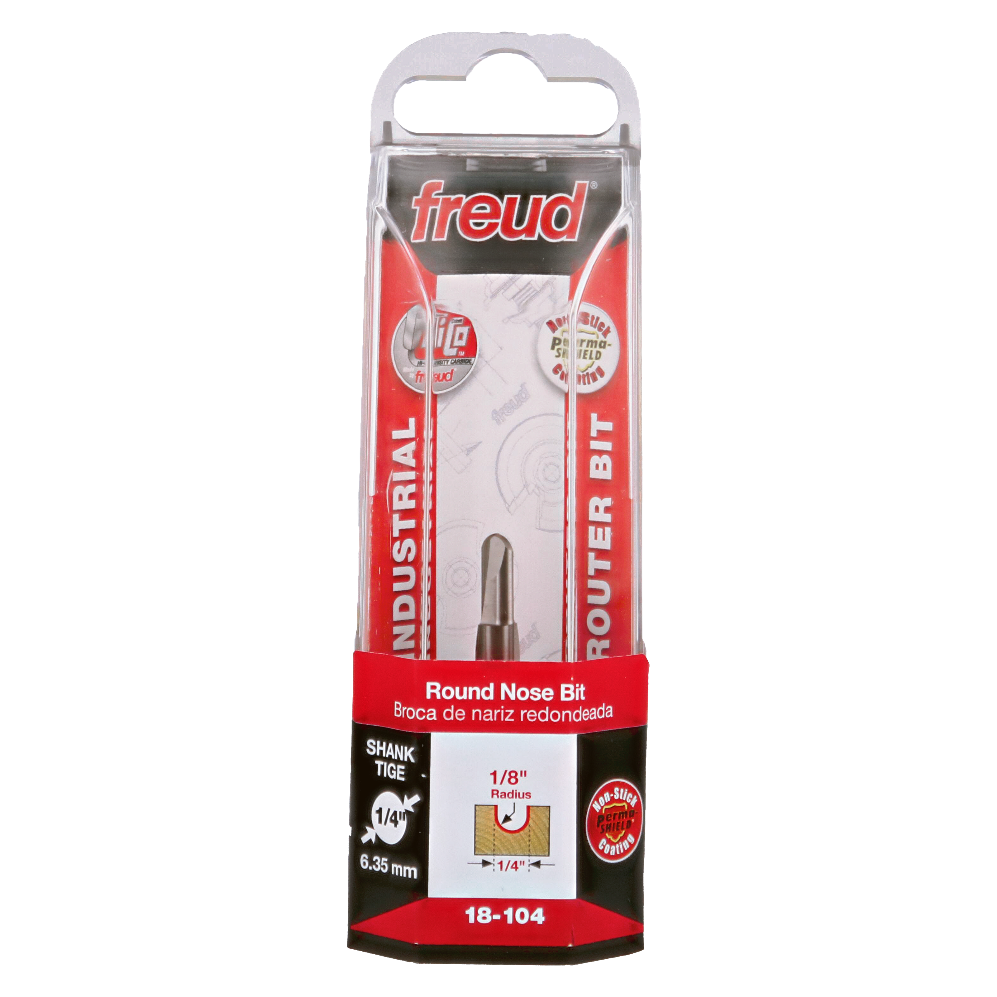 Freud 18-104 round nose router bit with 1/8" radius and 1/4" shank in retail packaging.