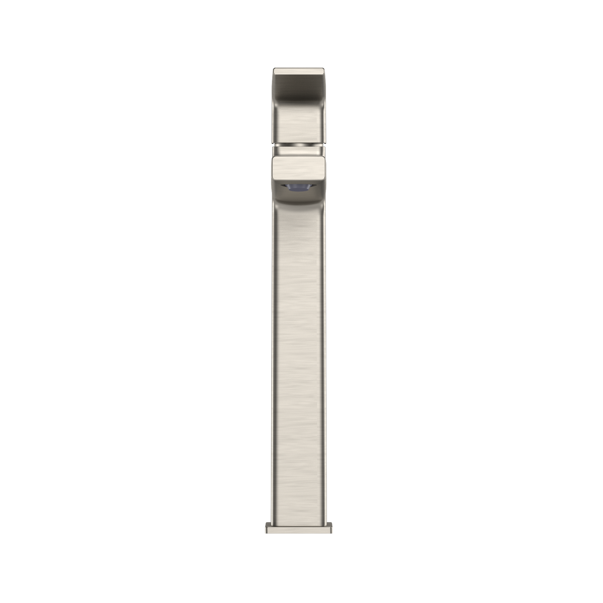 Brushed nickel single-handle vessel bathroom faucet with tall square spout and rectangular grip handle.