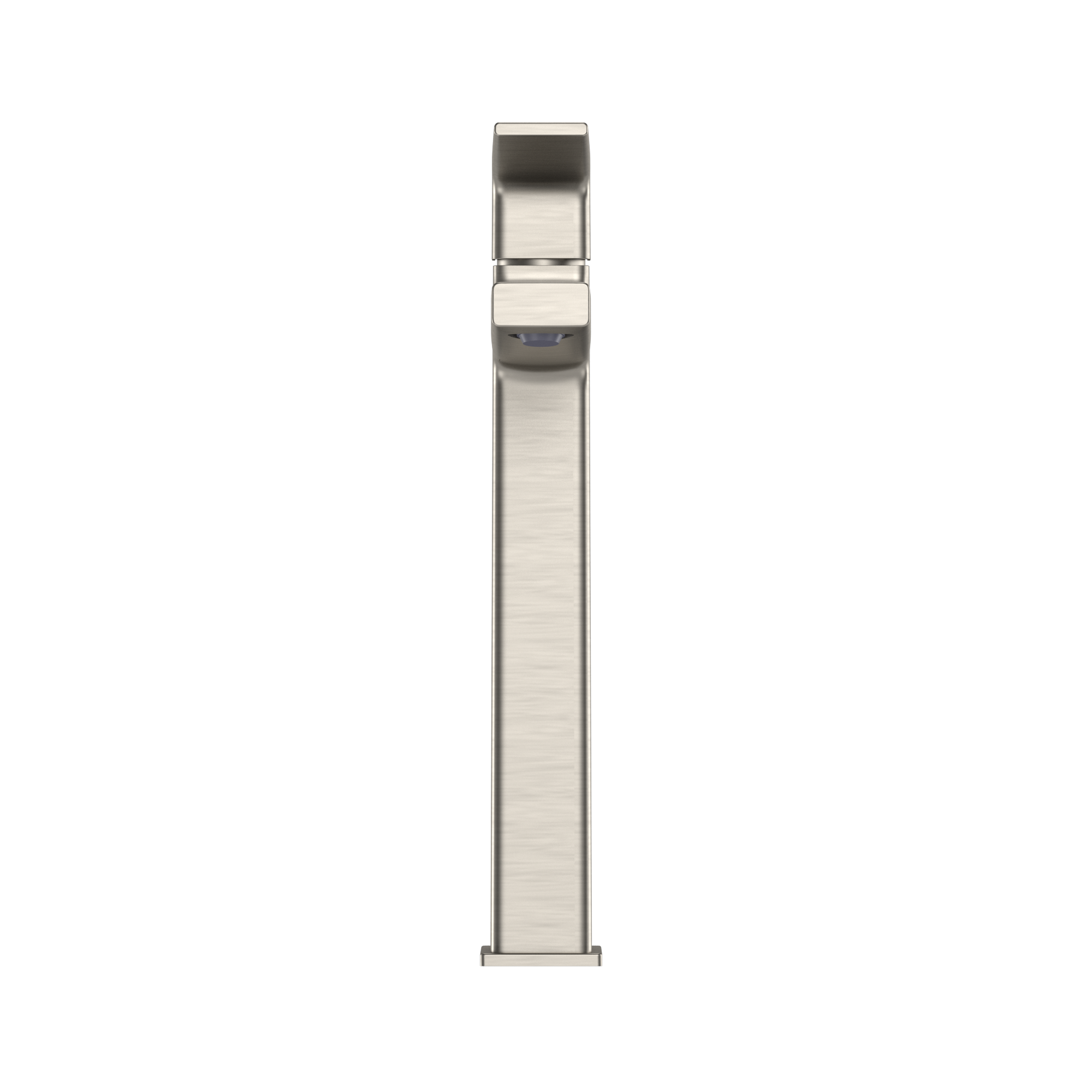 Brushed nickel single-handle vessel bathroom faucet with tall square spout and rectangular grip handle.