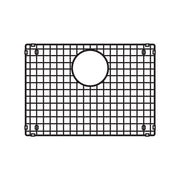 Stainless steel sink grid with square mesh pattern and circular drain hole in center.