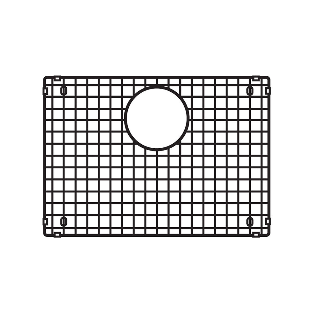 Stainless steel sink grid with square mesh pattern and circular drain hole in center.