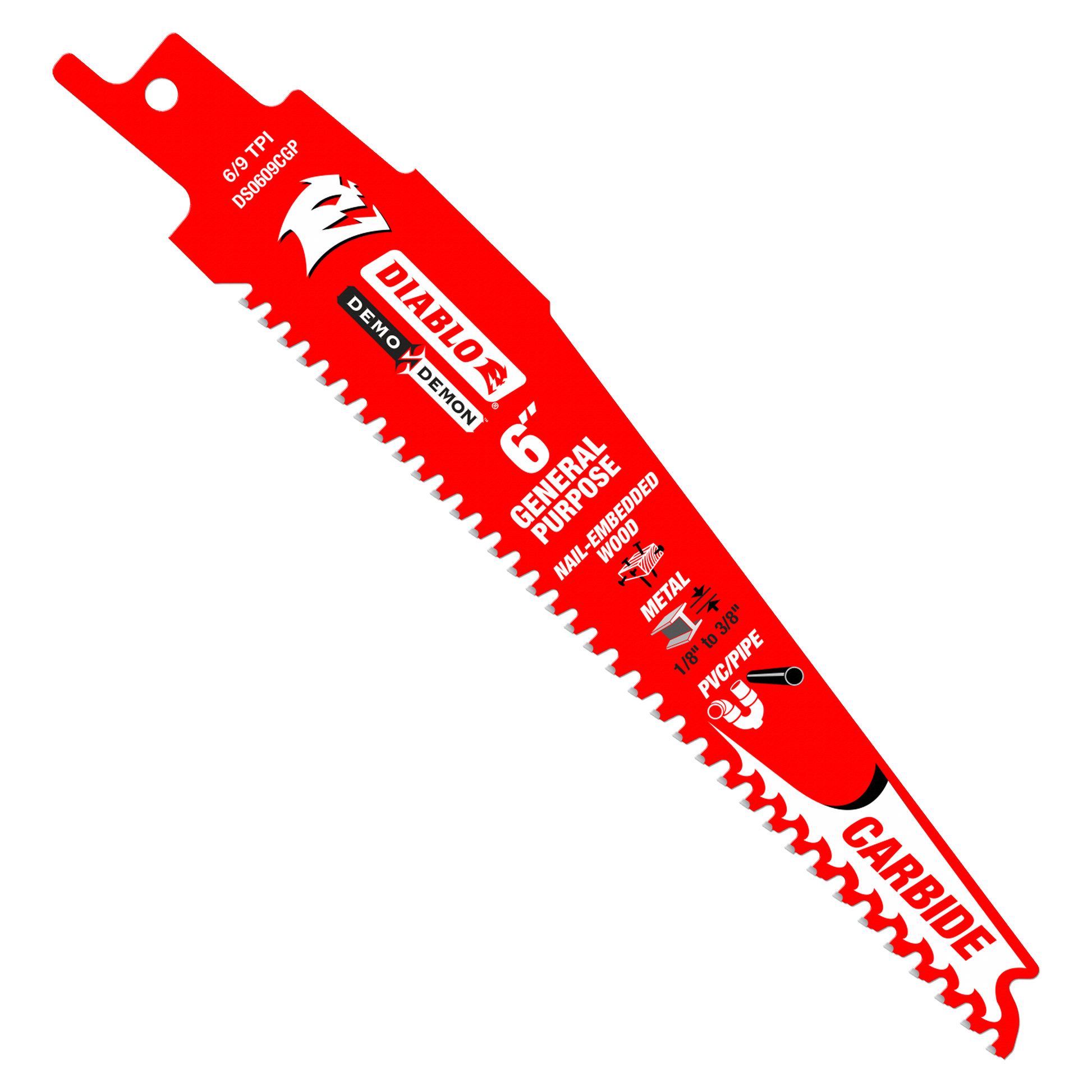 Red Diablo Demo Demon 6-inch carbide reciprocating saw blade with serrated cutting edge and mounting hole.