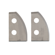 Pair of Freud RP-E34 raised panel profile router knife blades with curved edges and mounting holes.