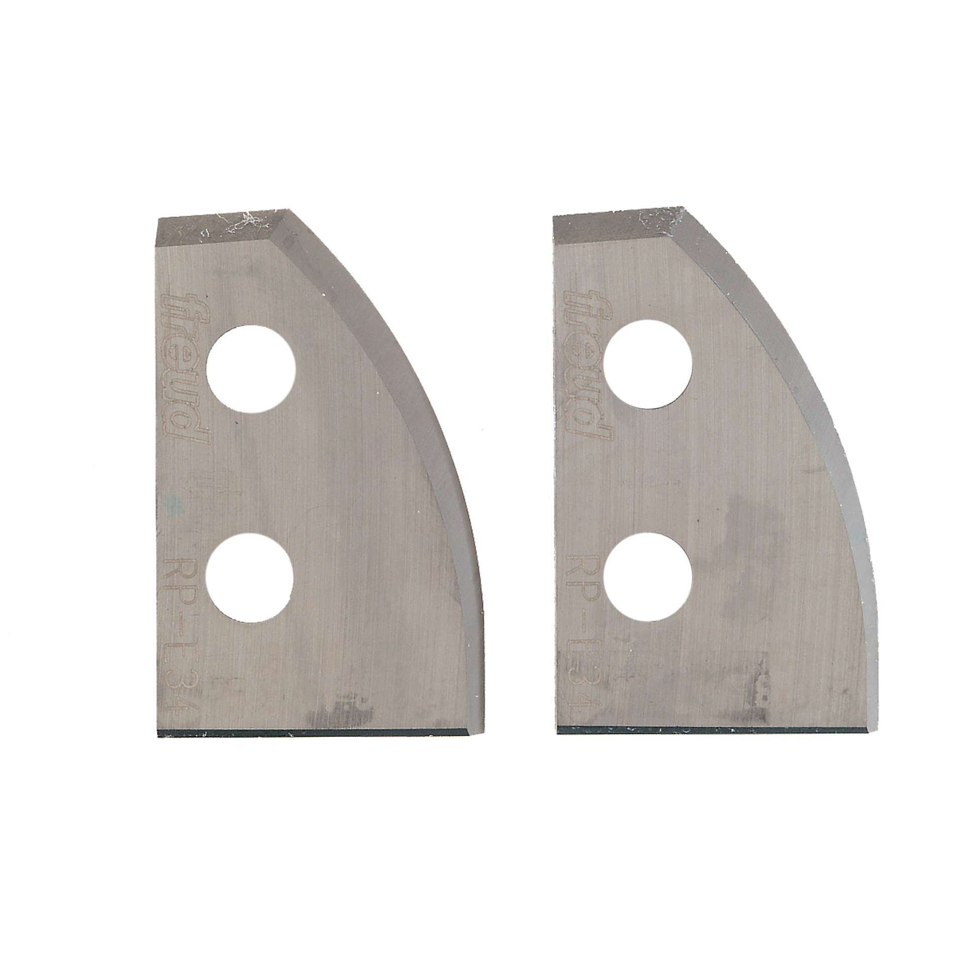 Pair of Freud RP-E34 raised panel profile router knife blades with curved edges and mounting holes.