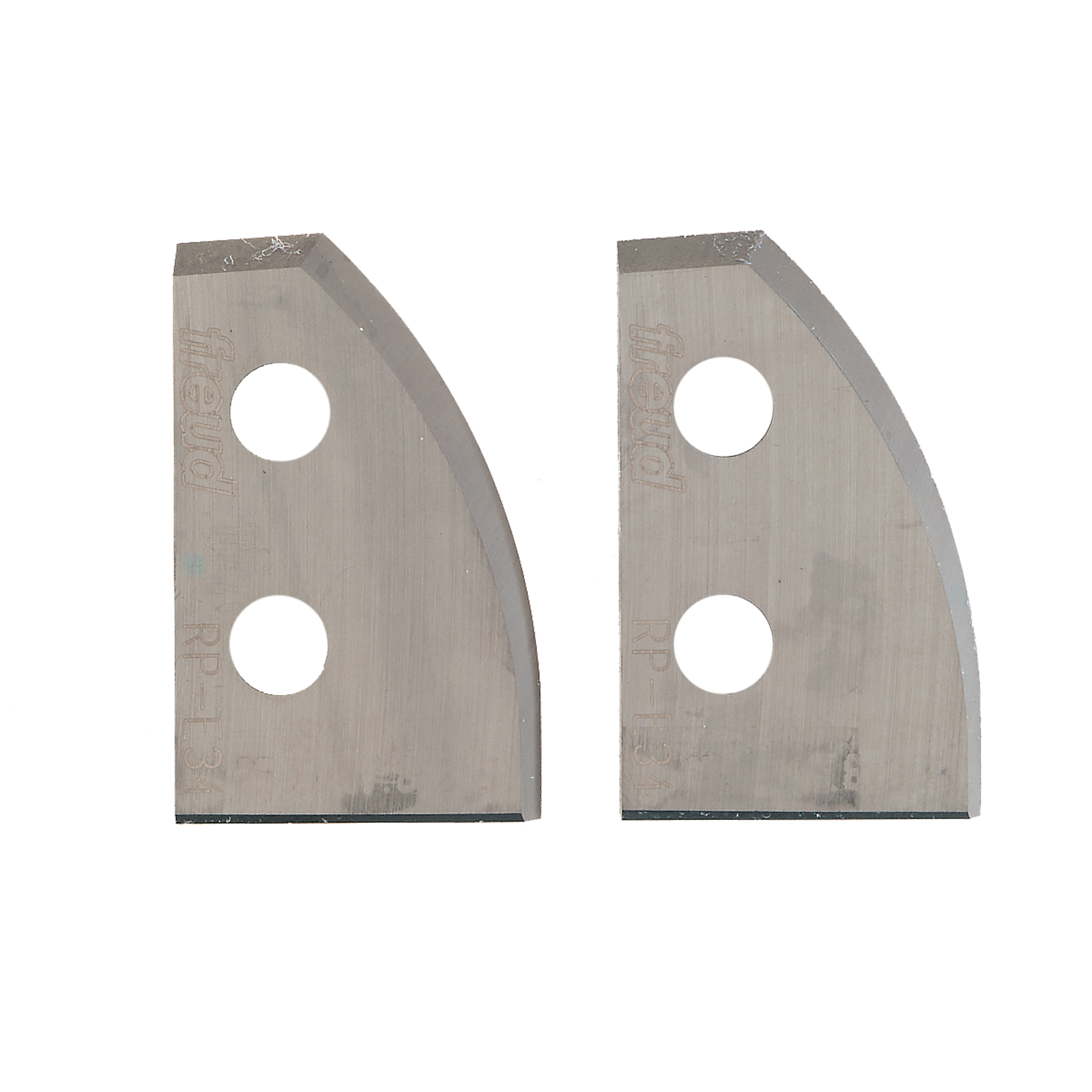 Pair of Freud RP-E34 raised panel profile router knife blades with curved edges and mounting holes.