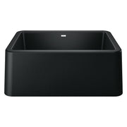 Coal black apron front farmhouse sink with single rectangular bowl and rounded corners.