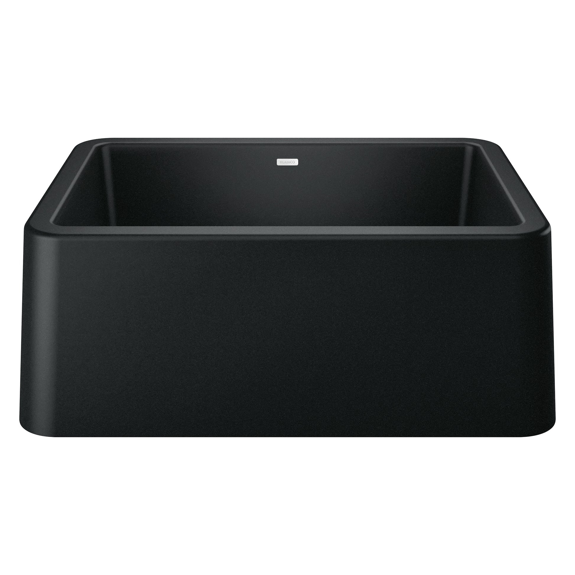 Coal black apron front farmhouse sink with single rectangular bowl and rounded corners.