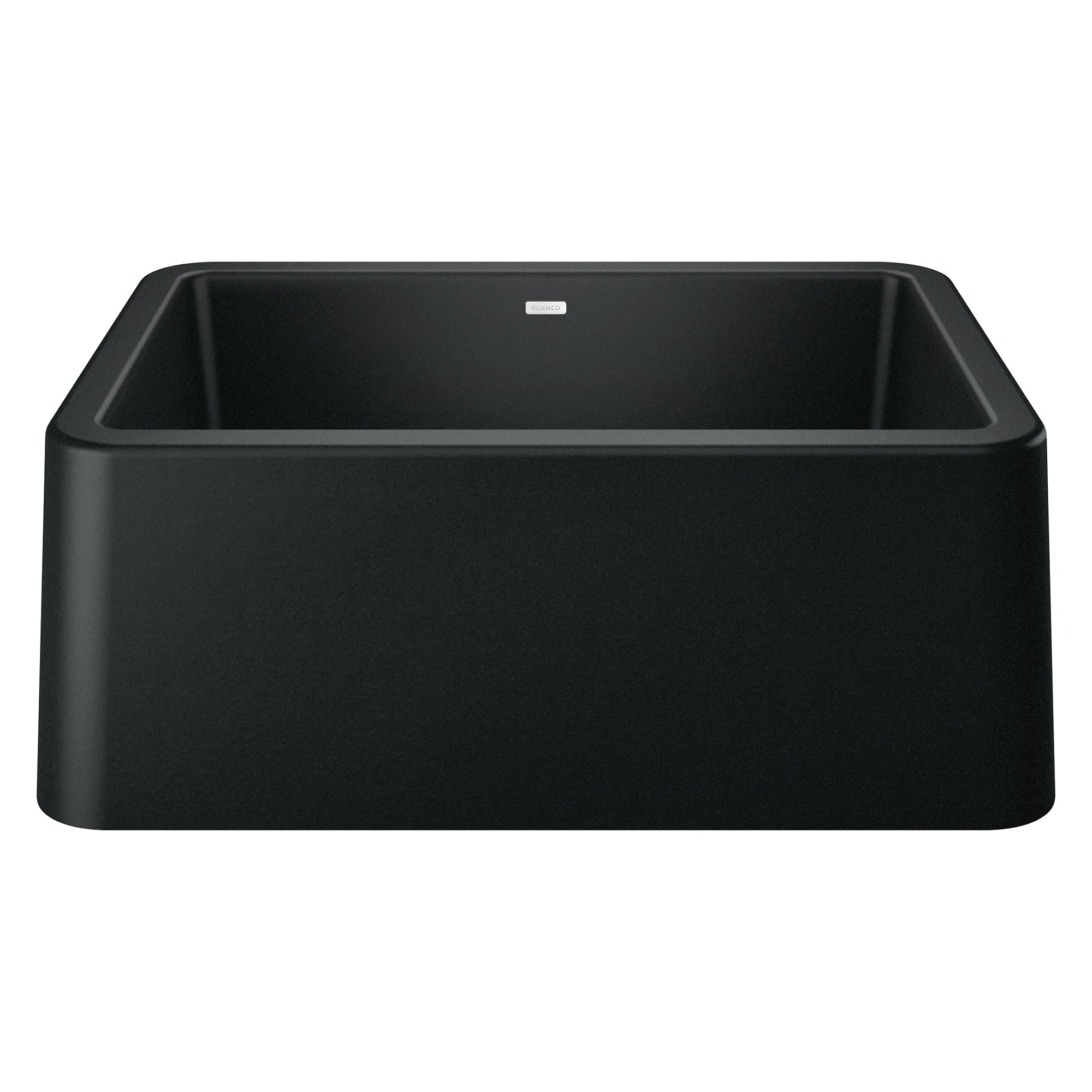 Coal black apron front farmhouse sink with single rectangular bowl and rounded corners.