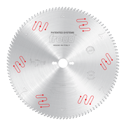 Silver circular saw blade with multiple teeth around edge, center bore, Freud branding, and red patented system markings.