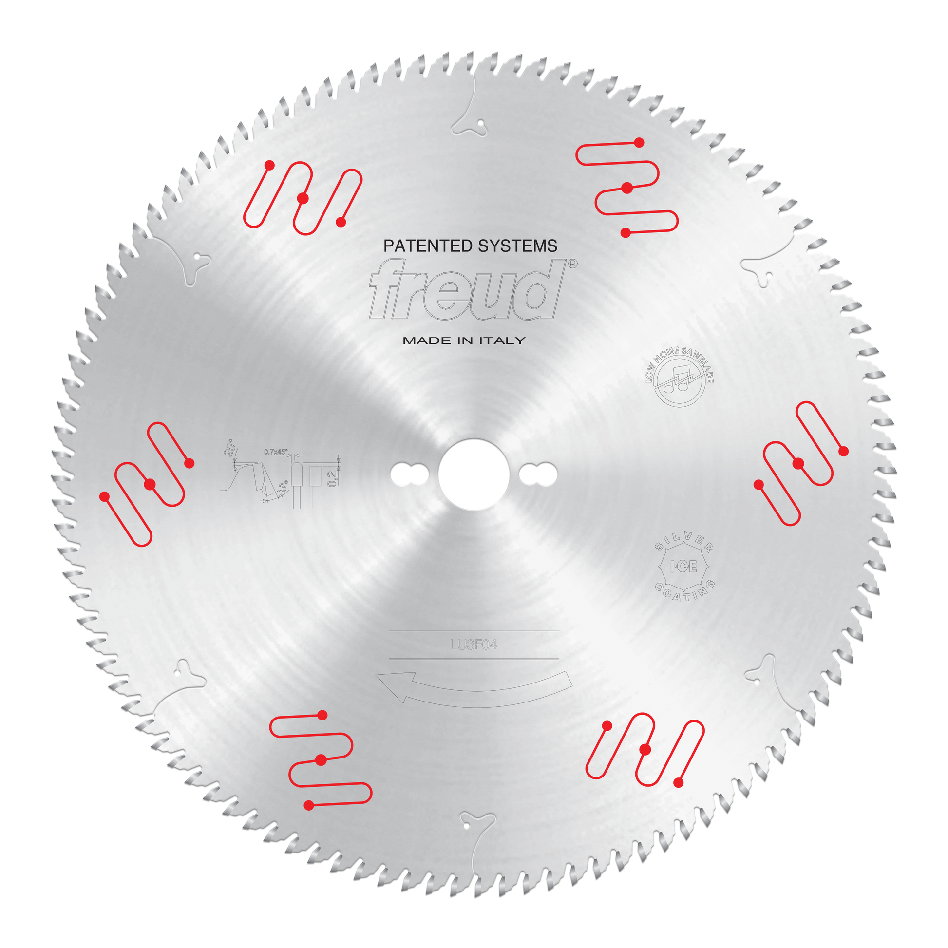Silver circular saw blade with multiple teeth around edge, center bore, Freud branding, and red patented system markings.