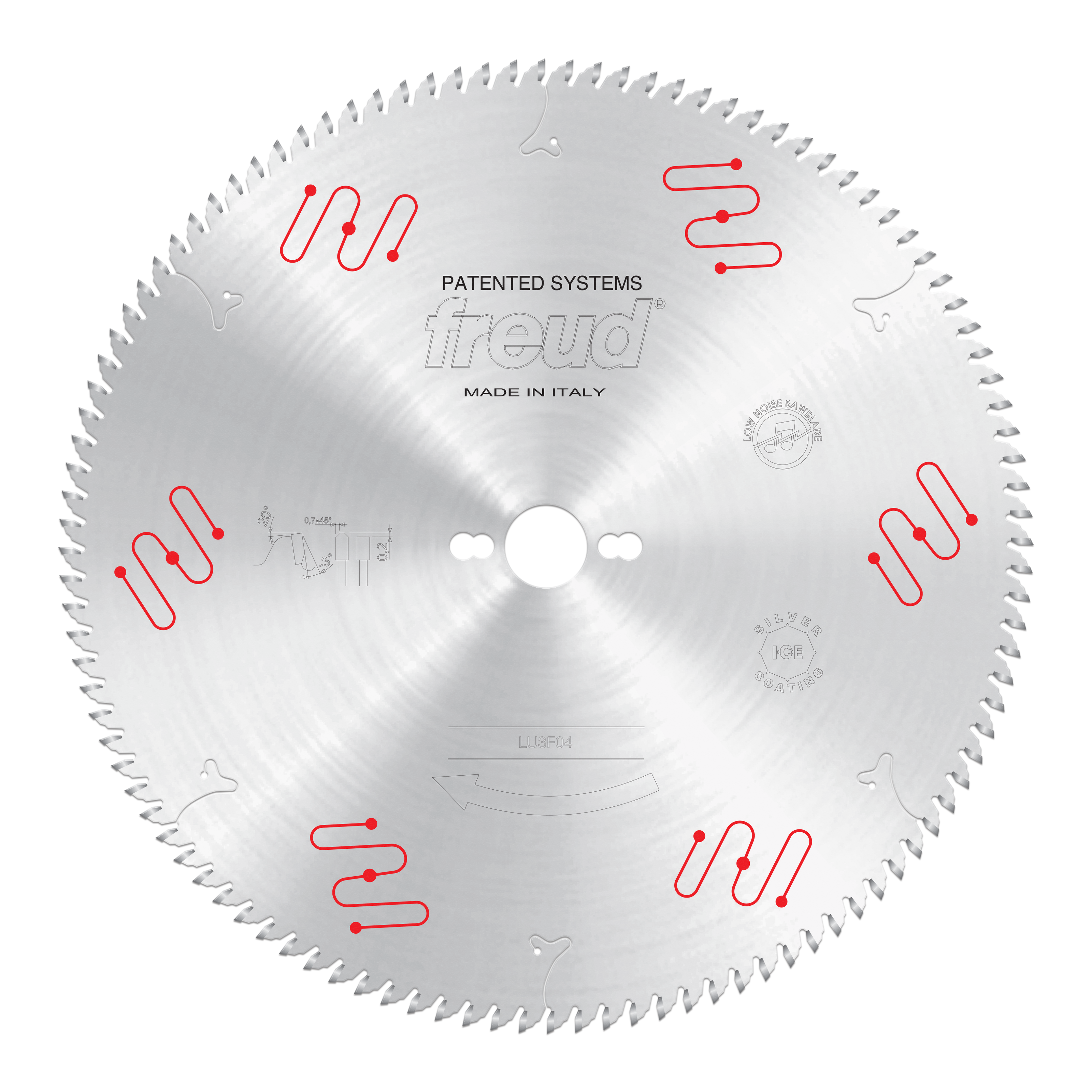 Silver circular saw blade with multiple teeth around edge, center bore, Freud branding, and red patented system markings.