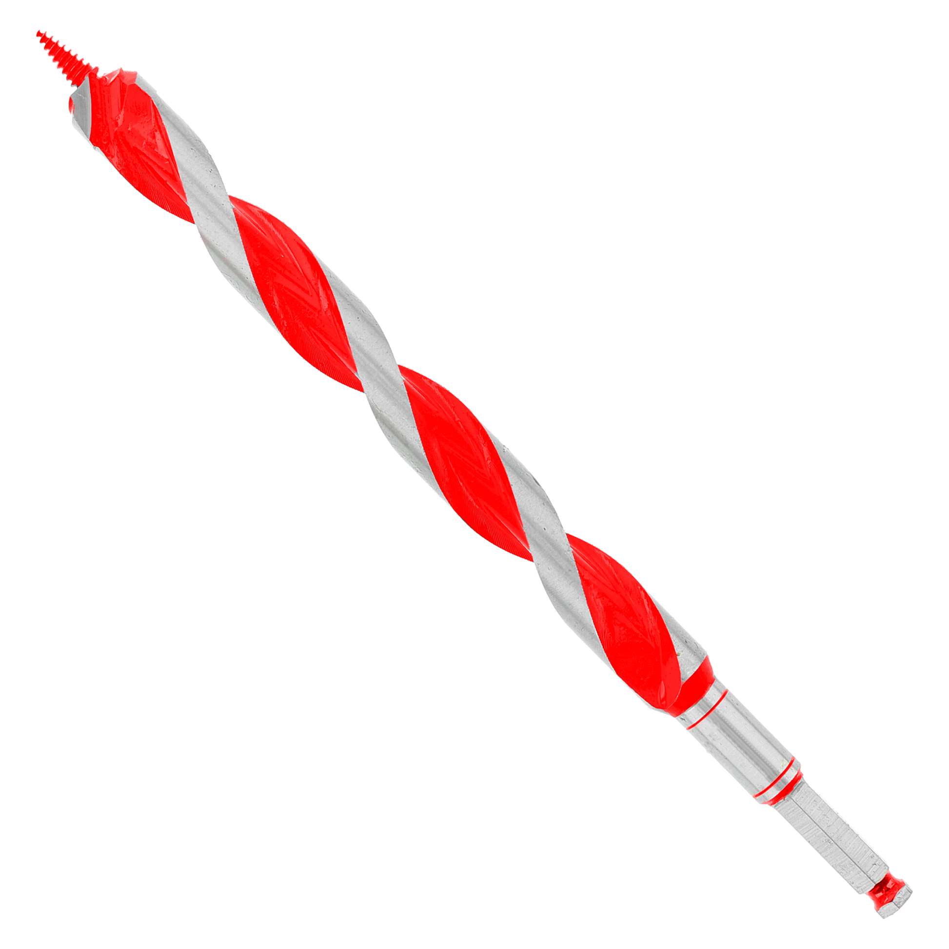 Red and gray auger bit with spiral flutes and pointed tip, 1 inch diameter by 13 inches long.