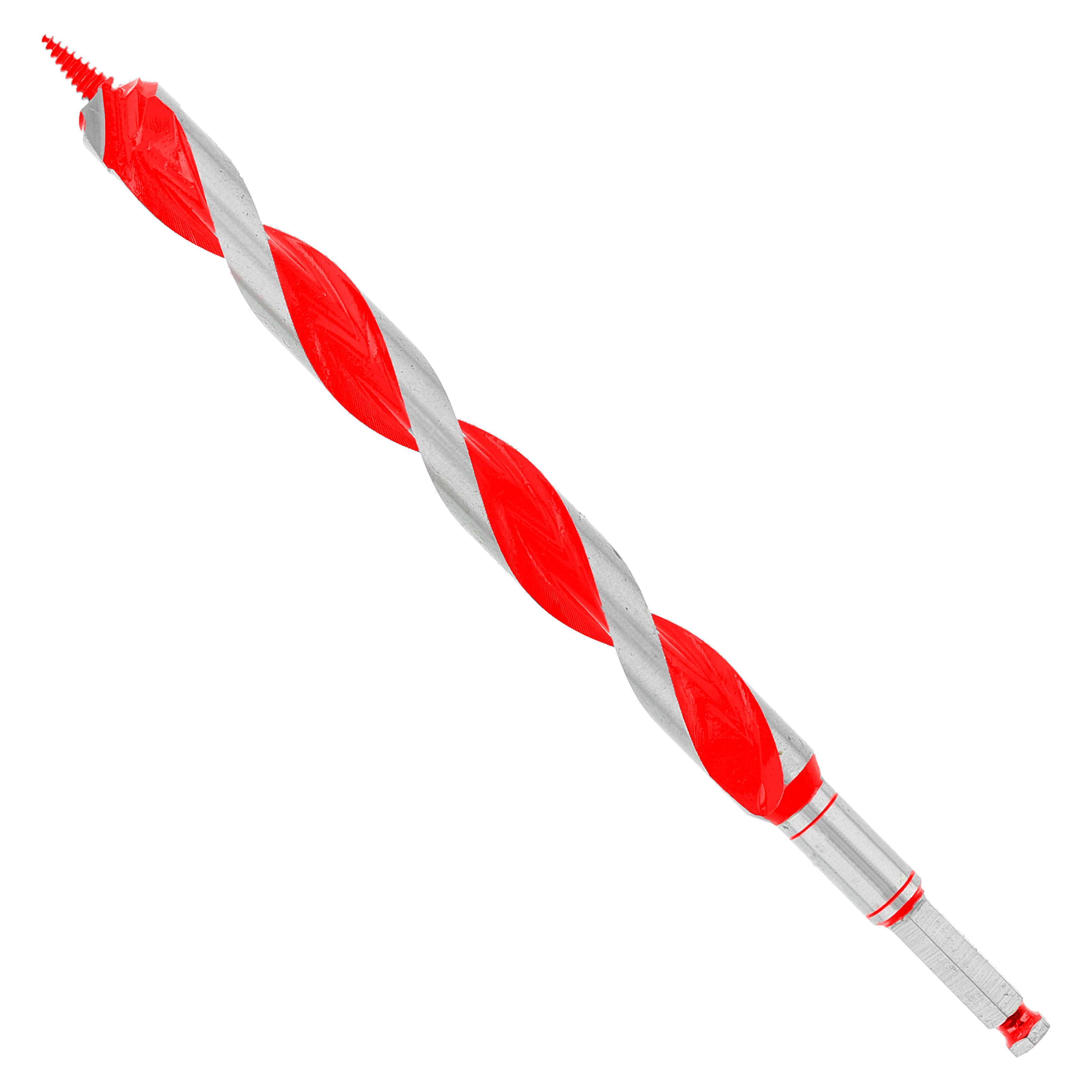Red and gray auger bit with spiral flutes and pointed tip, 1 inch diameter by 13 inches long.
