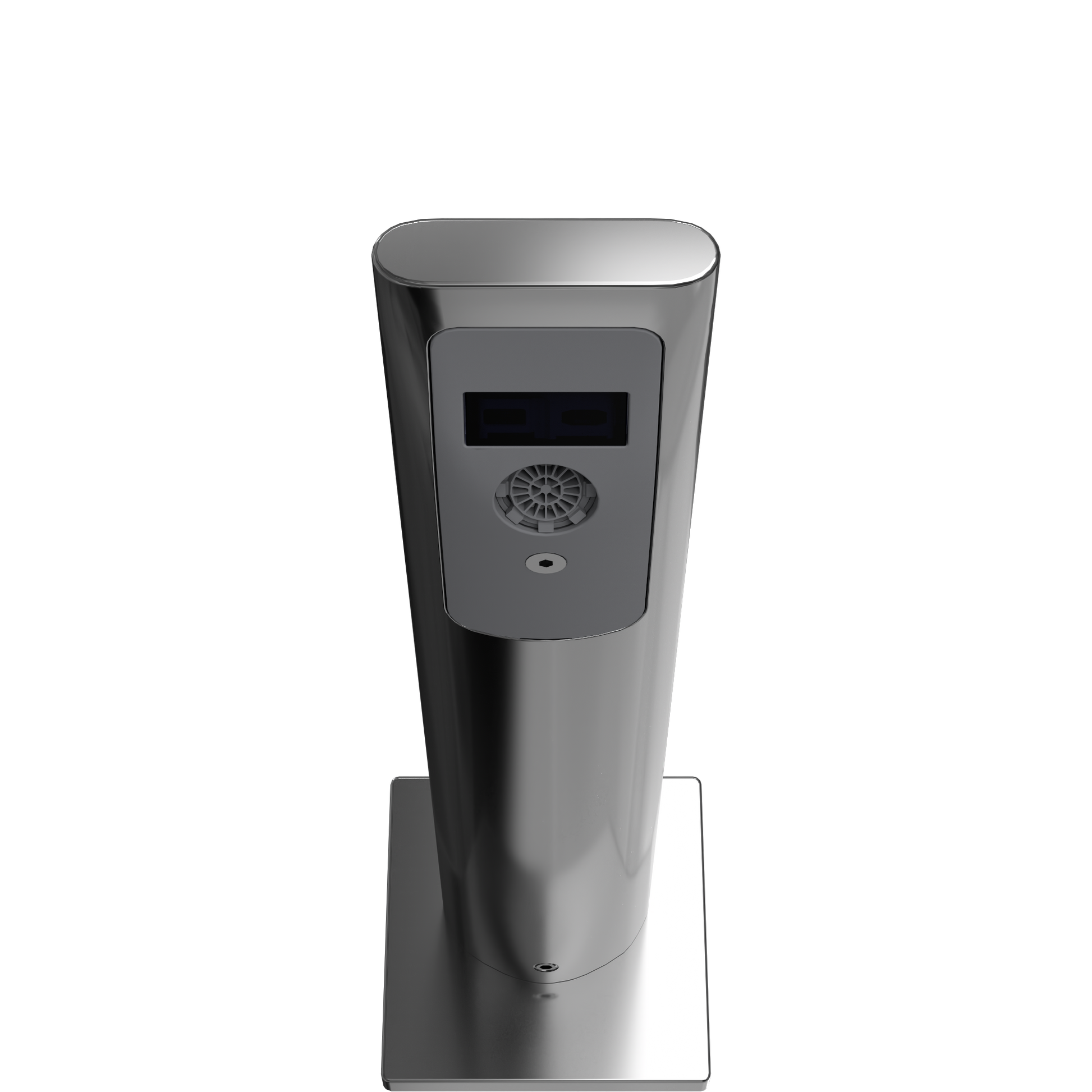 Polished chrome touchless bathroom faucet with sensor panel, digital display, and rounded cylindrical body mounted on rectang