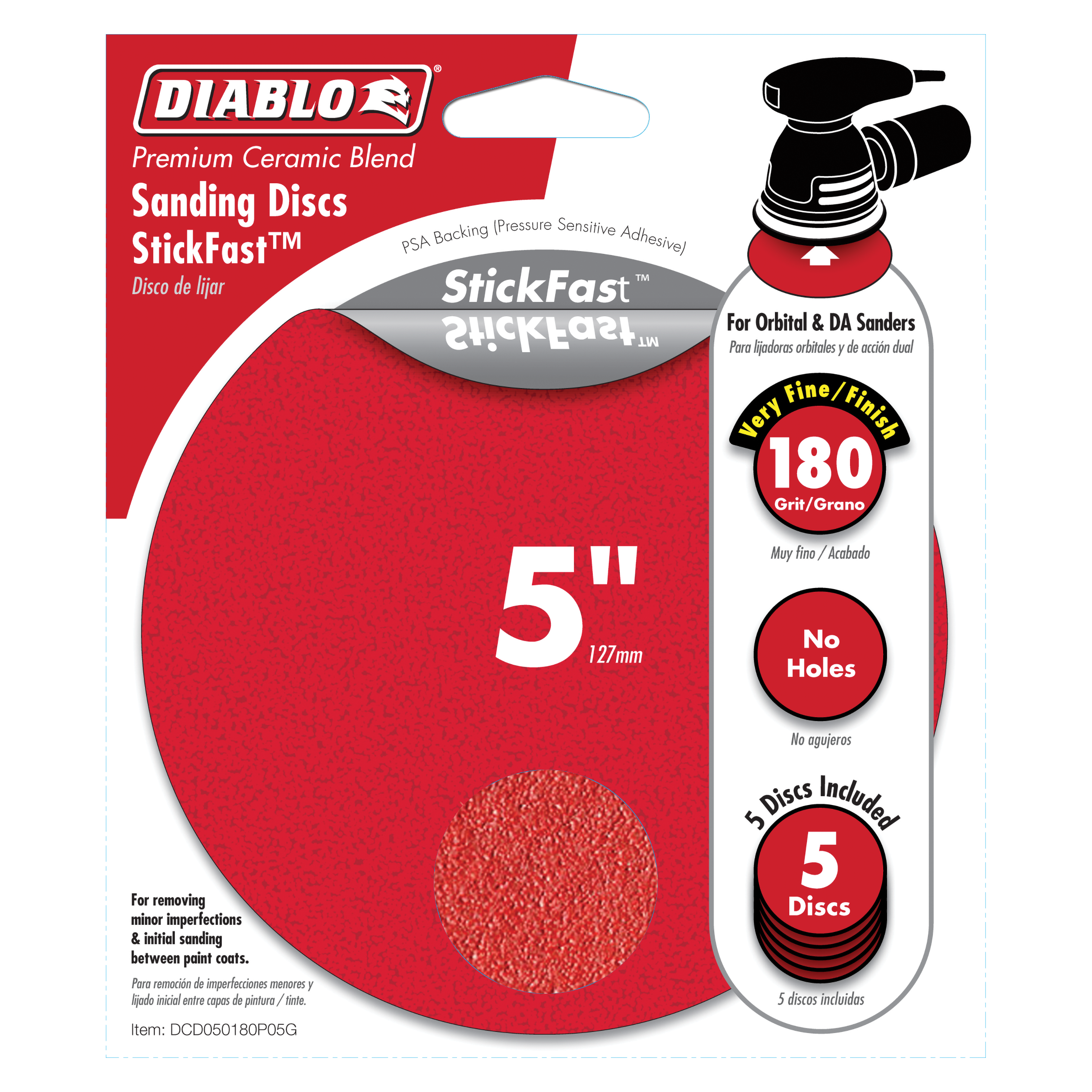 Five-inch red sanding discs with 180-grit ceramic blend and pressure-sensitive adhesive backing for orbital sanders.