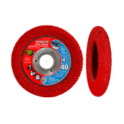 Red flap disc with metal center hub shown front and side view, 4-1/2 inch diameter.