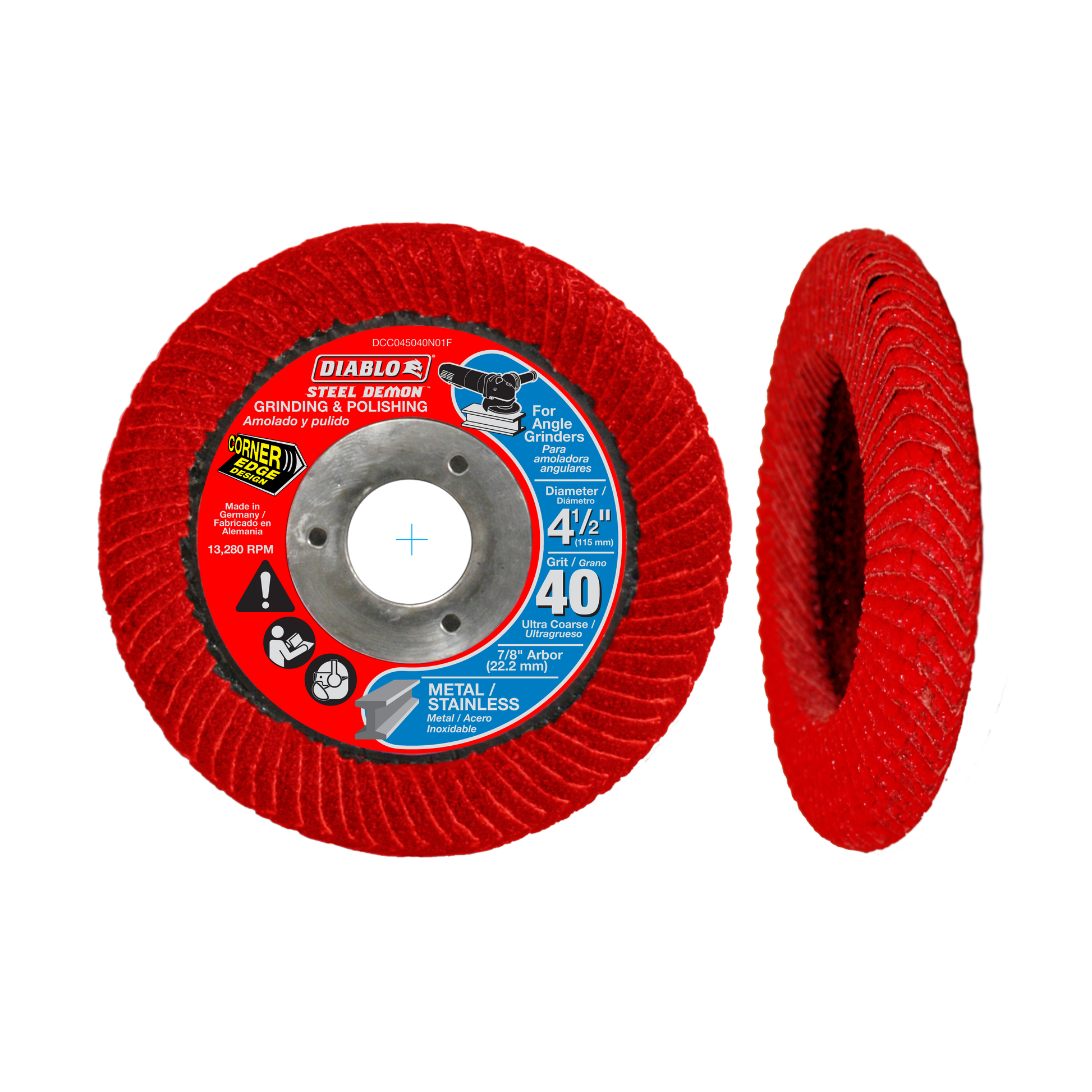 Red flap disc with metal center hub shown front and side view, 4-1/2 inch diameter.