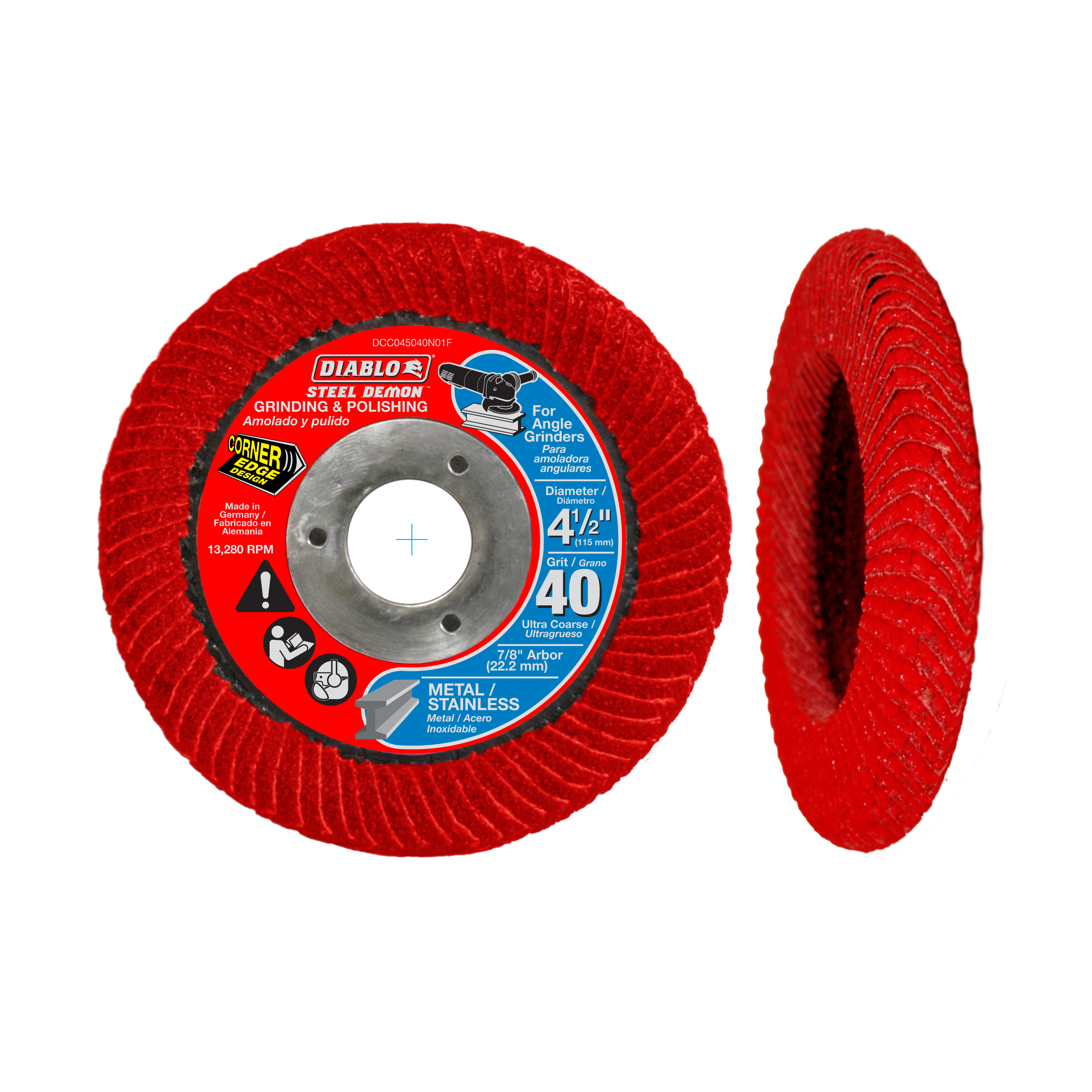 Red flap disc with metal center hub shown front and side view, 4-1/2 inch diameter.