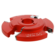 Red router cutter head with carbide inserts and central bore, shown from angled view with specification markings visible.