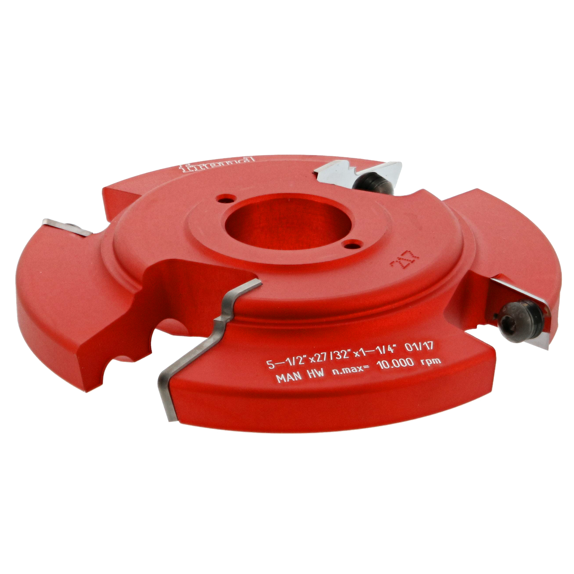 Red router cutter head with carbide inserts and central bore, shown from angled view with specification markings visible.