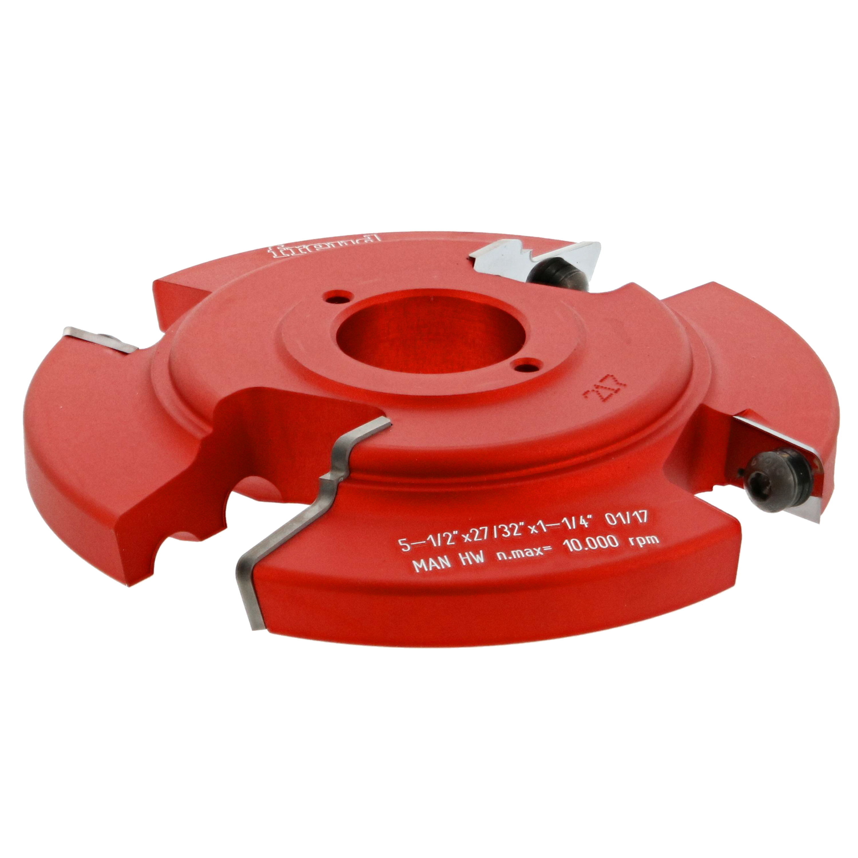 Red router cutter head with carbide inserts and central bore, shown from angled view with specification markings visible.