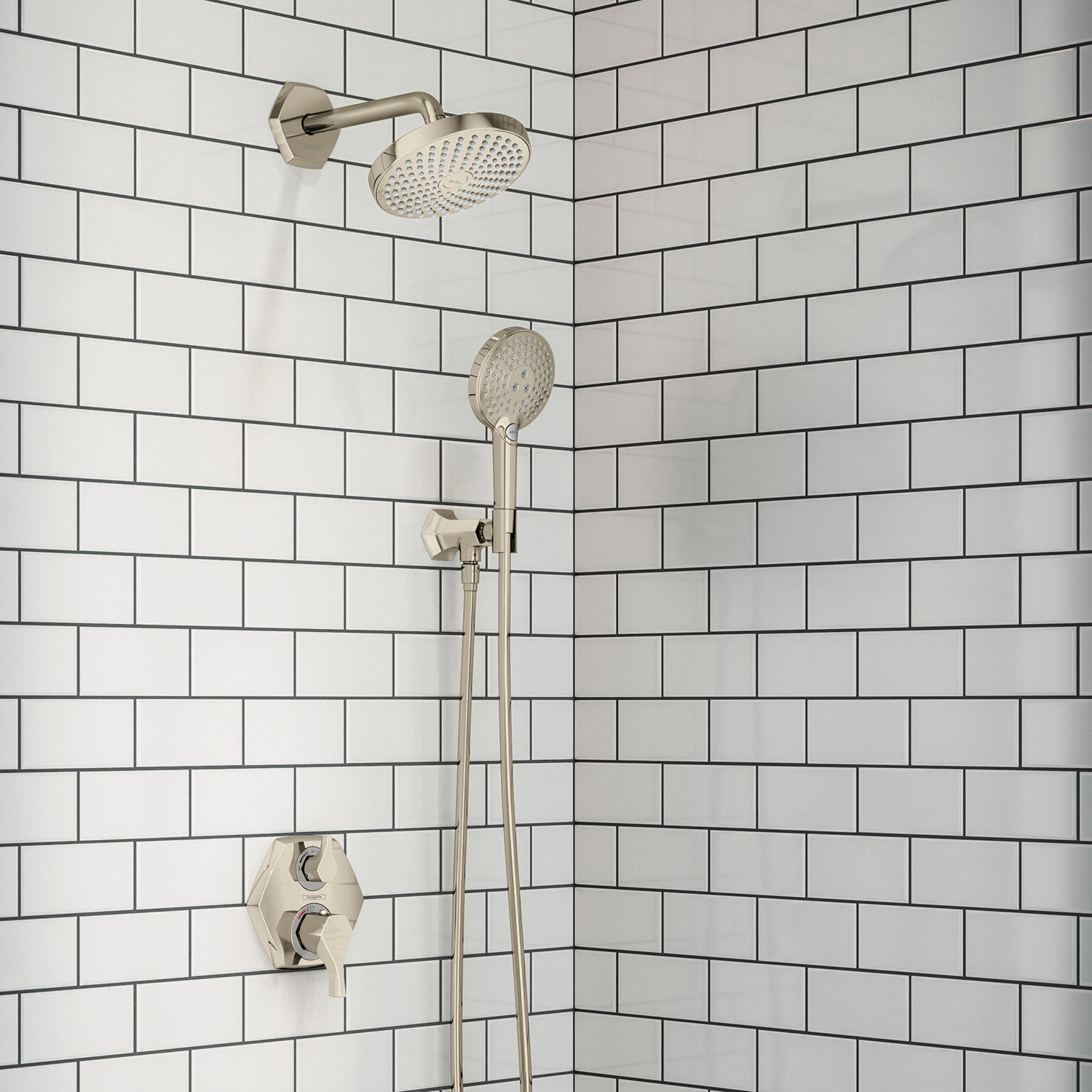 Polished nickel shower system with overhead rainhead, handheld showerhead, and wall-mounted thermostatic control valve in til