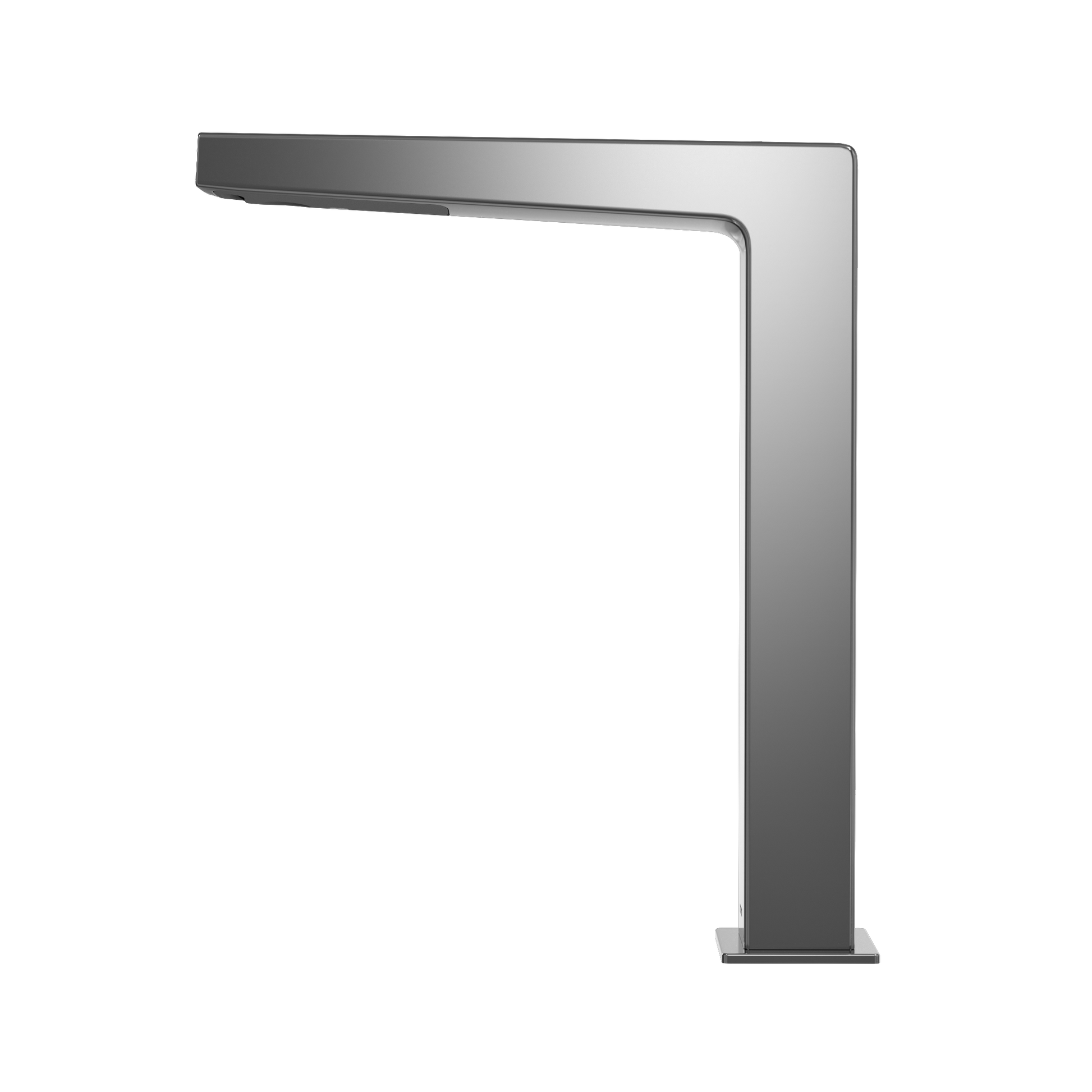 Polished chrome touchless bathroom faucet with tall rectangular base and curved spout extending left.