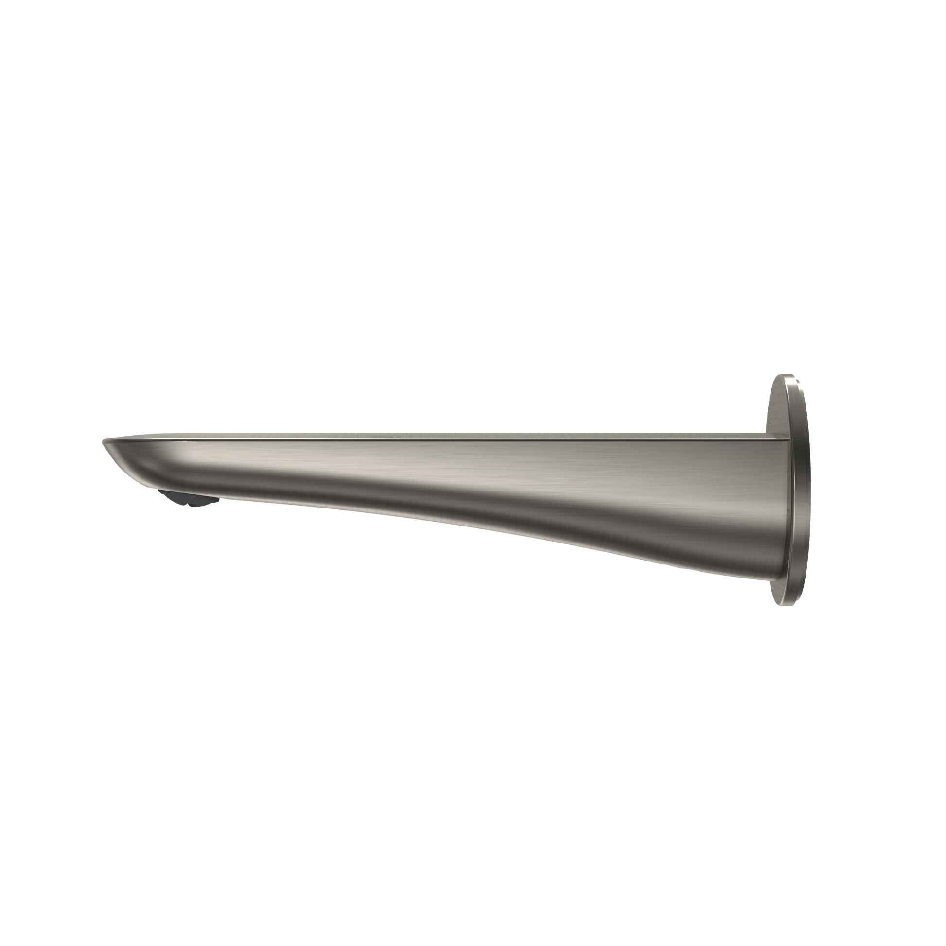 Brushed nickel wall-mounted tub spout with tapered cylindrical body and curved outlet.
