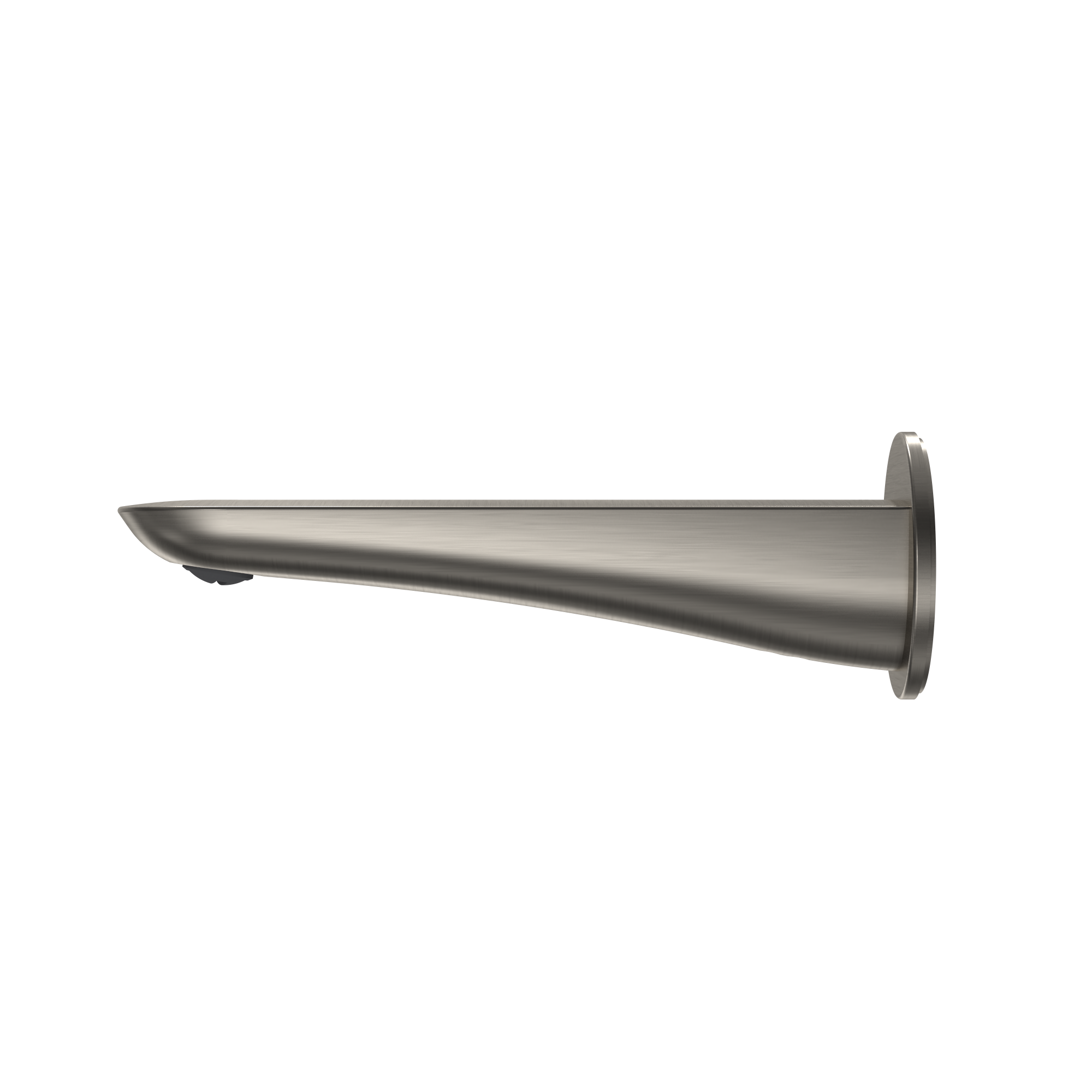Brushed nickel wall-mounted tub spout with tapered cylindrical body and curved outlet.