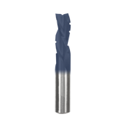Half-inch diameter down spiral router bit with blue coating and metallic flute shaft.