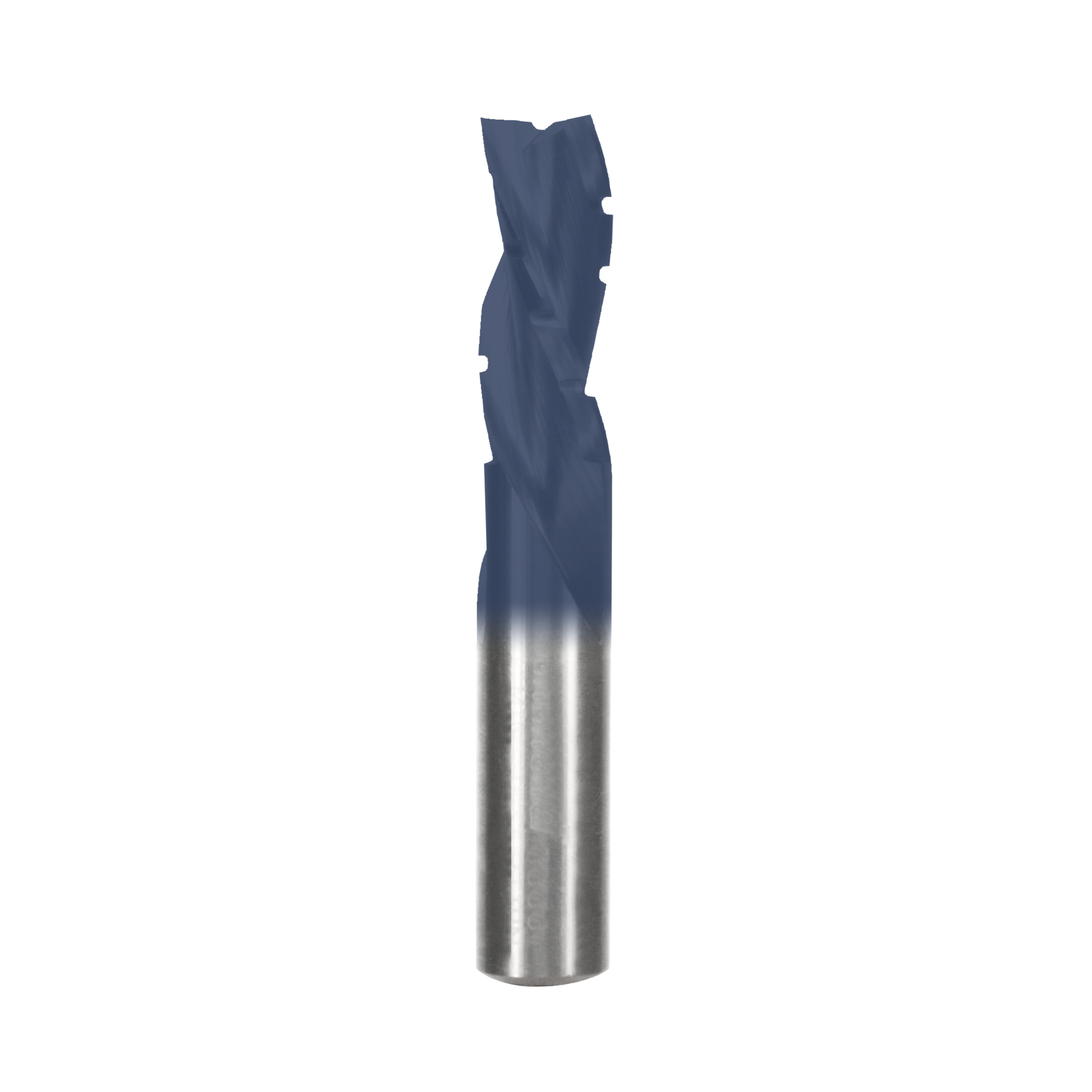 Half-inch diameter down spiral router bit with blue coating and metallic flute shaft.