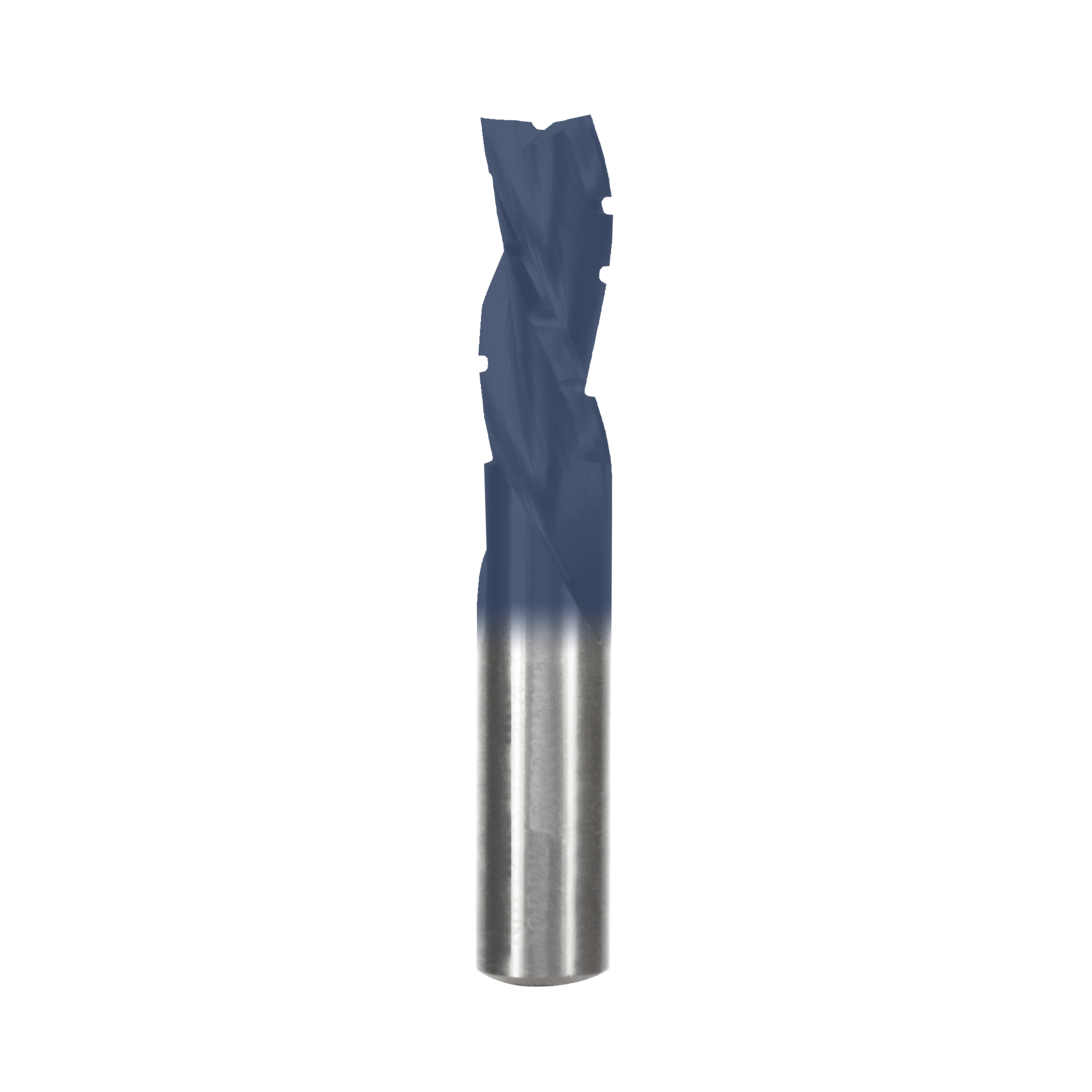 Half-inch diameter down spiral router bit with blue coating and metallic flute shaft.