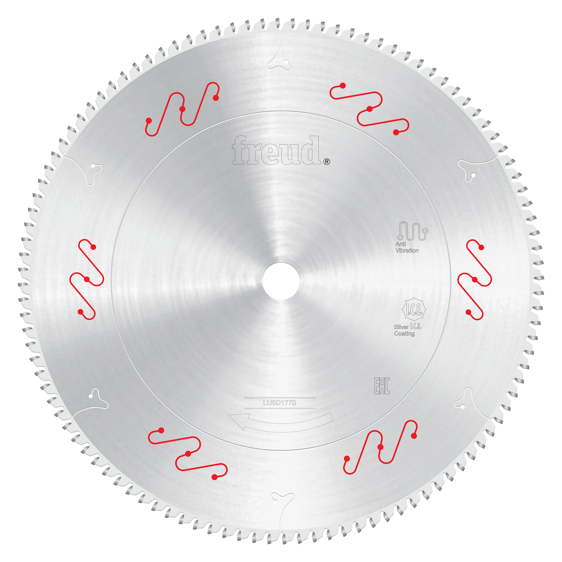 14-inch circular saw blade with carbide-tipped teeth and center arbor hole, marked with Freud branding and red symbols.