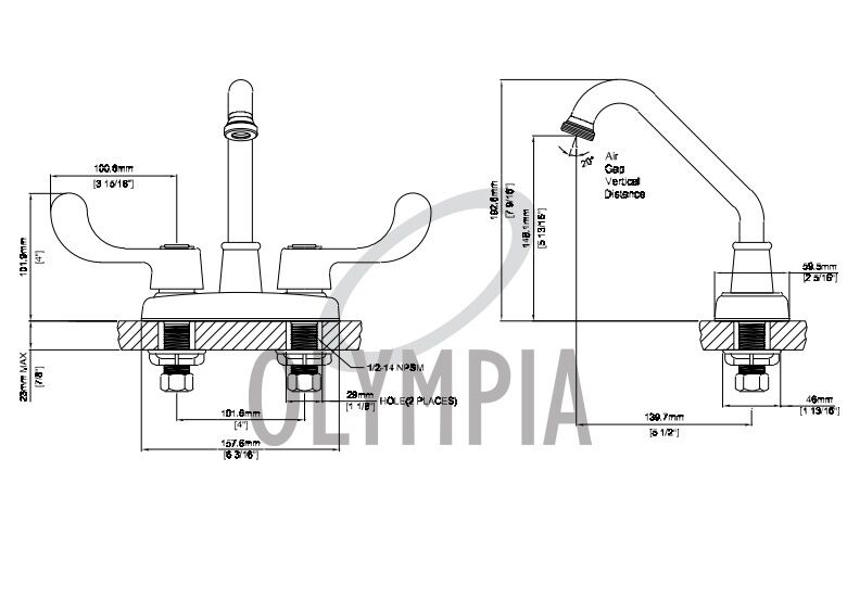 Chrome two-handle bar faucet with curved spout and lever handles, shown in technical schematic with dimensions.